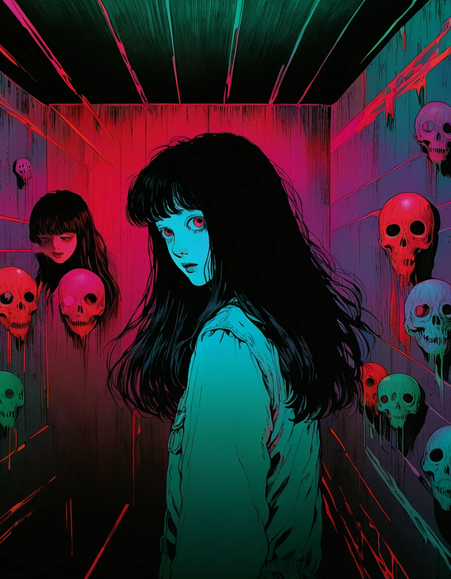 illust、art、from 80s horror movie, directed by Junji Ito、nightmare、high detail, realsitic shadow、Analog style, vhs style, 8mm film, chromatic aberration, Dvd screengrab、Blue-purple and red-purple gradation、Surrealism