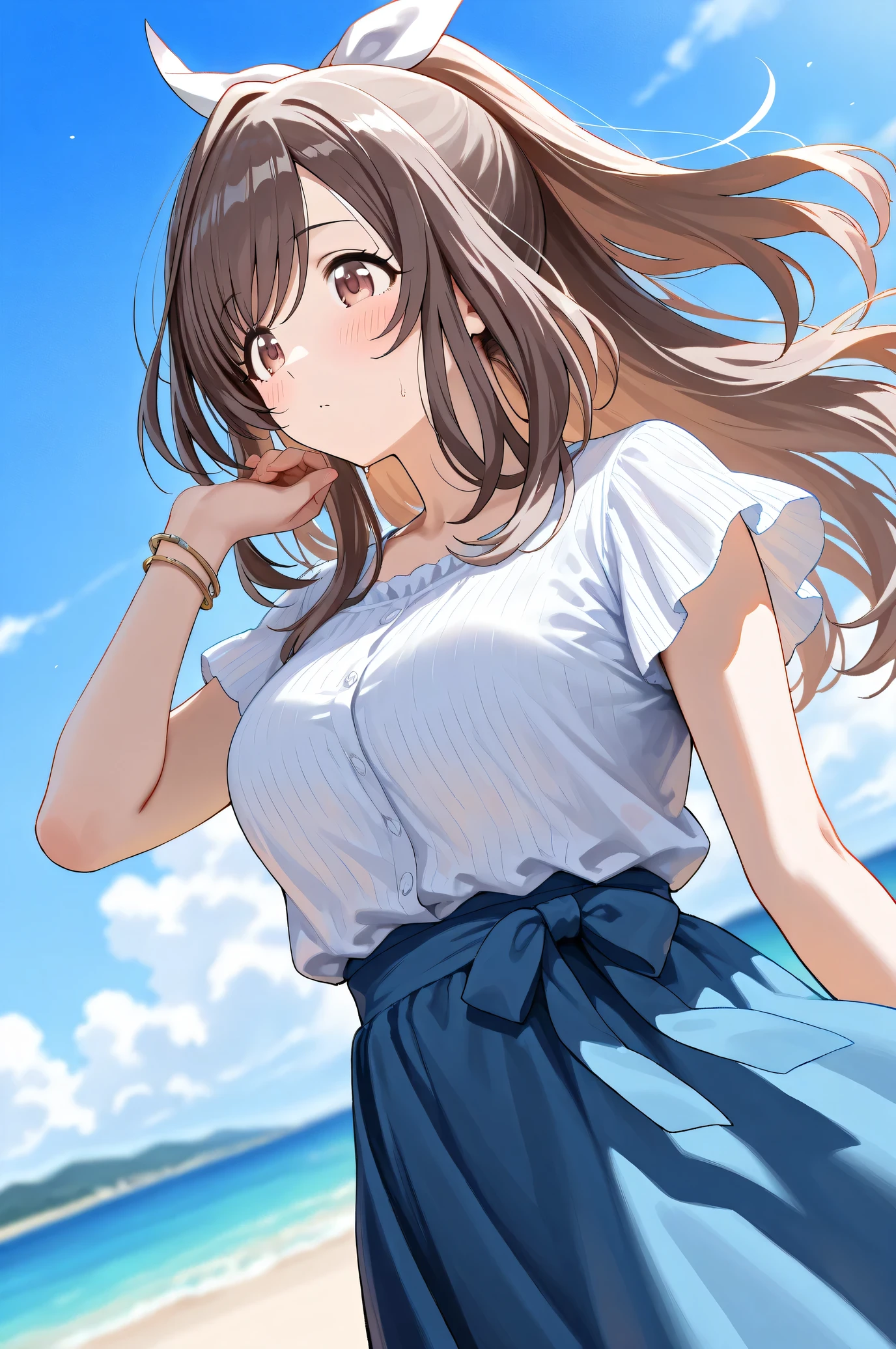 (Masterpiece:1.2), (Highest quality:1.1),
(Very detailed), (The best shape), (Best shadow), (Absurd), (Detailed Background), (So beautiful),
Shiny, Beautiful eyes in every detail, Extraordinary, Countershading, 8k, 32K, High resolution,
Very Detailed CG ,
Score_9, Score_8_up, Score_7_up, Source_anime,
(Pastel painting:1.2), (Watercolor painting:1.2),
(Masterpiece, Detailed:1.2), (Foreshortening:1.2),
Cinematic, Dramatic, (Depth of field:1.4),
(Blurry background:1.4), (Realistic background:1.4),
1 girl, Solo, Dynamic angle, (from below:1.3),
Outdoors, (Coast:1.2), Beach, Wind, (Blue sky:0.8),
Tsukioka Kogane,
the idolmaster shiny colors,
(Brown eyes:1.3), (Brown hair:1.1), Ponytail,
Hair ribbon, Light blue hair ribbon,
(Casual wear:1.3),
(Linen color shirt:1.4), Ruffled cuffs, (Shirt hem:1.2),
(Shirt with tied ends:1.3), short sleeves shirt,
Skirt, Blue skirt, (Gradient skirt:0.8),
Bracelet, Wear a bracelet on her right hand,
(Blush:1.3),
(Close up shot:1.2),
Sweat,
Focus on face,
Realistic skin,
Shiny skin,