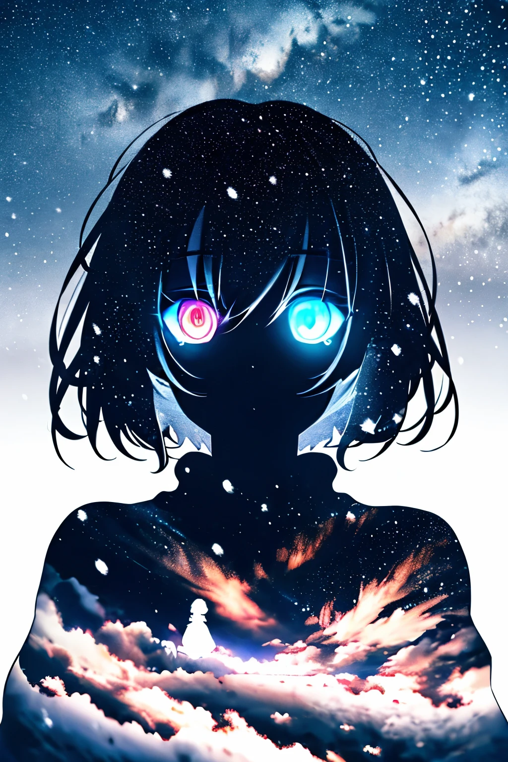 masterpiece, best quality, (silhouette:1.3), short hair, glowing eyes, beautiful eyes, star (sky), pov, snow,