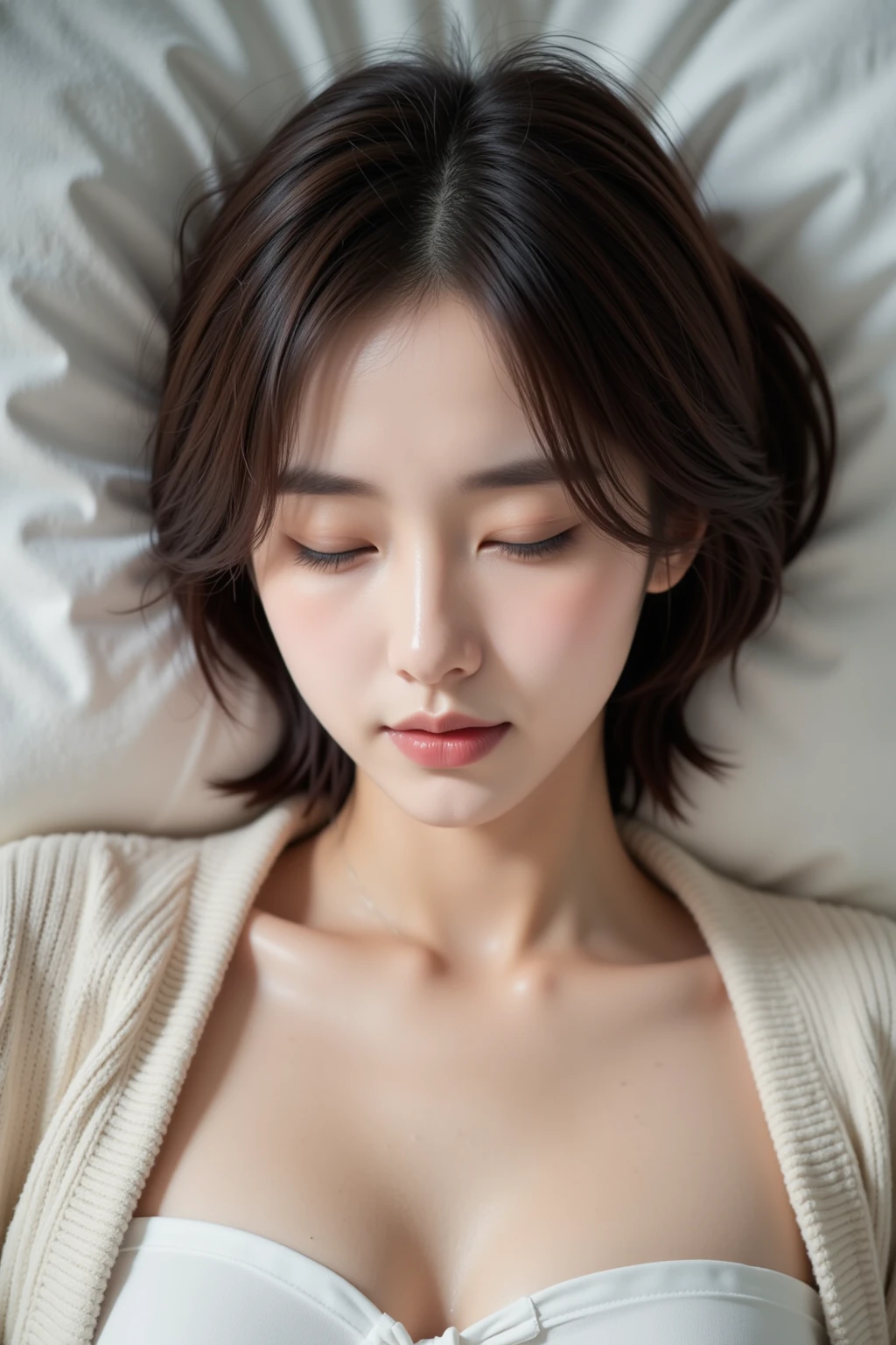 ulzzang-6500-v1.1, (RAW Photos:1.2), (Photorealistic), (Genuine:1.4), (Mastepiece), masterpiece, Absurd, The finer details, High resolution, Highly detailed face and eyes, Photorealistic, (Random Porn Pose),(Random Hairstyles), One girl, ((Lying on your back))、Black Hair, Quiet sleep、Deep sleep、peace of mind、 Adult, Fully mature, wearing a see-through nightgown、Close your eyes and wait for a kiss、(Full Body Shot:1.2)