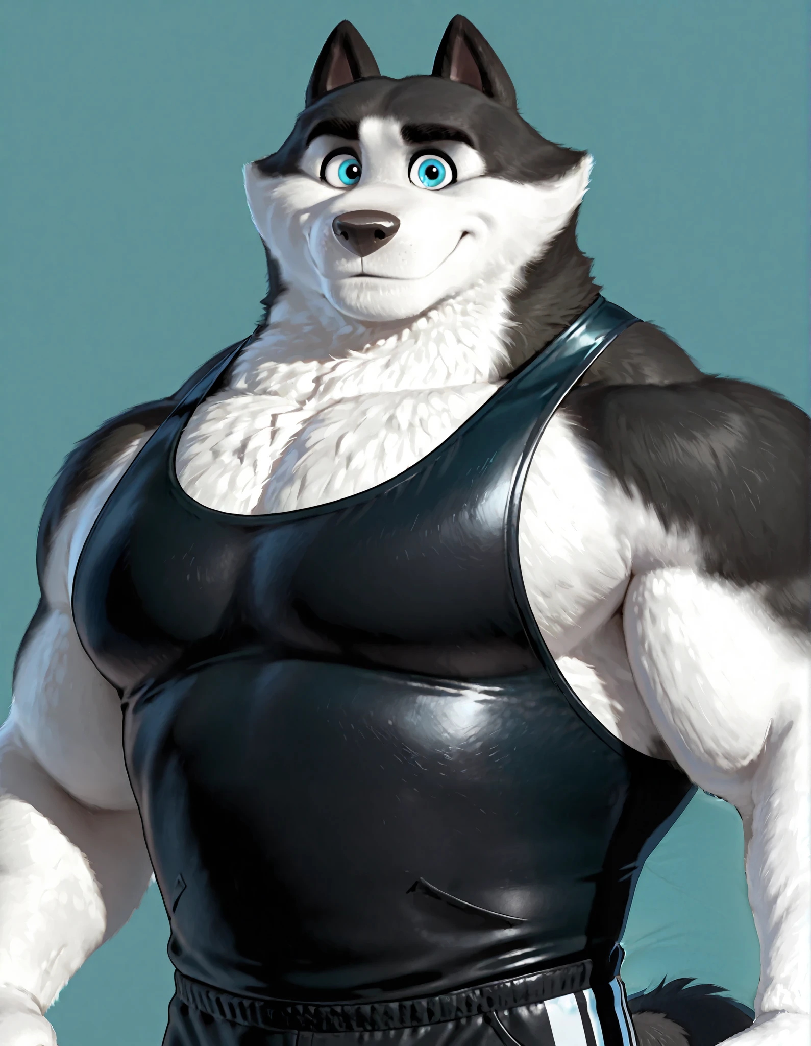 Duke (Arctic Dogs), anthro dog, black fur, white fur, male, blue eyes, high quality, half body, looking at viewer, solo, simple background, thick arms, muscular, wrestling singlet