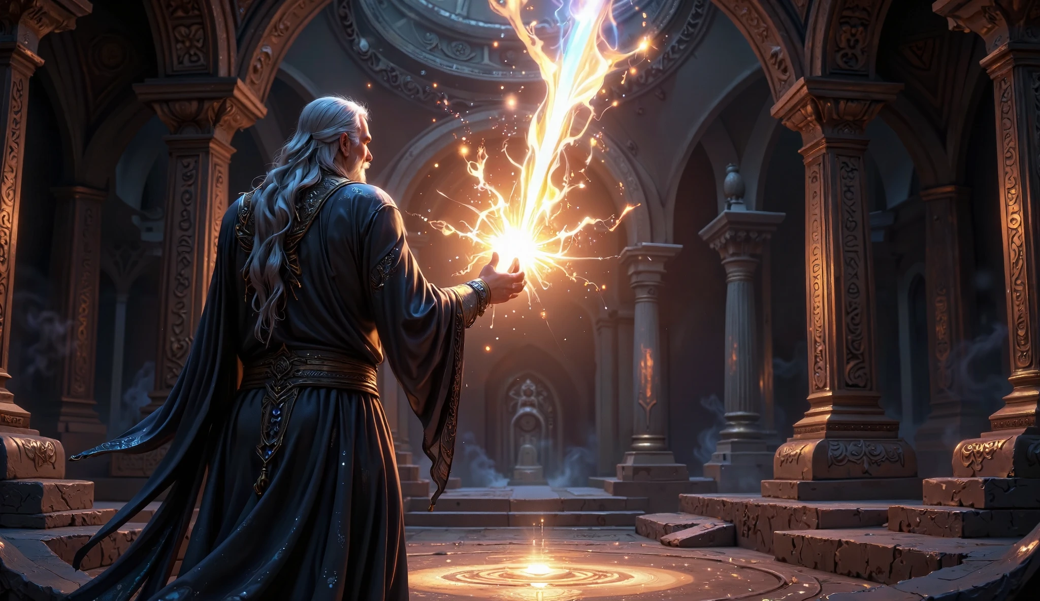 High-quality, semi-realistic 3D animated fantasy art style. An ancient Astra-Gar, dimly lit except for a powerful, radiant glow emanating from a mysterious Astra held in the hands of an elderly Devta. The Astra itself is not visible, but its intense golden and bluish-white energy radiates outward, casting flickering light across the room. The Devta, shown from behind, stands gazing at the Astra in awe and reverence. His flowing robes gently sway as if moved by the Astra's powerful energy. The atmosphere is mystical, with swirling magical mist and faintly glowing runes on the walls enhancing the sense of divine power