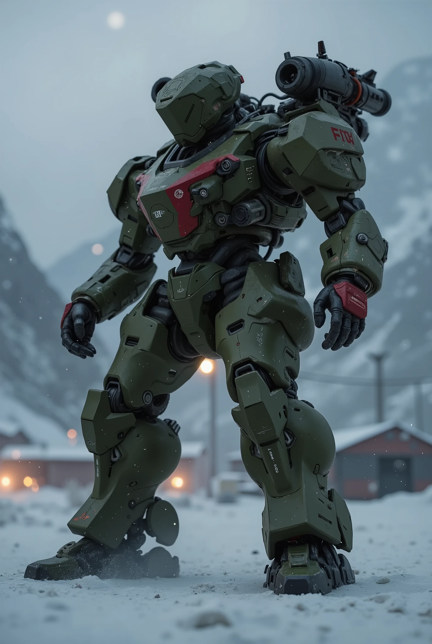 with reliable survivability、number々battles, base facilities visible behind、red accents are strategically placed on the edge of the robot's shape. The robot features a proportional and practical body, designed to take into account the firepower of the cannon and the sturdiness of the aircraft, but、with scratches and stains from, futuristic powered suit. The scene is a mountainous area with large々equipped with super electromagnetic cannons, standing wary of the surroundings、fuel tanks、Hangar. mostly army green and、The illuminating, emphasizes its huge presence. The viewpoint is a first-person perspective at a low angle, looks up, Starship Troopers、