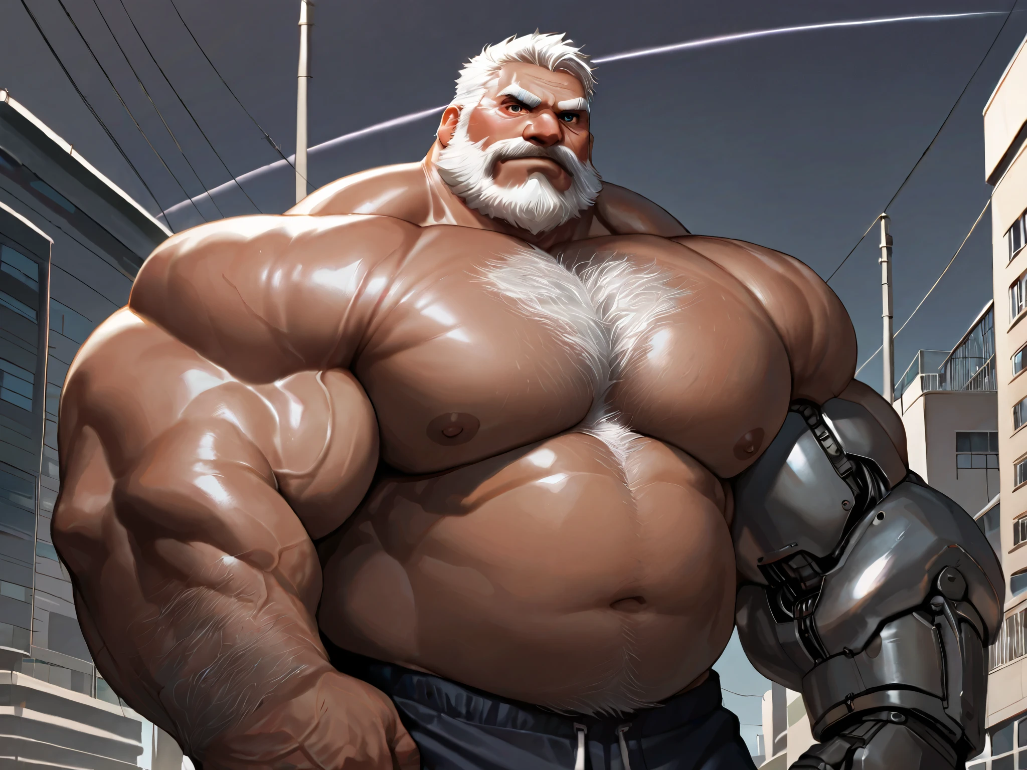 solo, hyper muscular old man, osobarbudo, old, robotic left arm, white hair, thick chest hair, bearded, chubby, looking to viewer, shirtless, very huge pectoral, shorts, city, detailed face:1.3, eyes, wide shoulder, thick arms, wide pectoral, muscle, short hair:1.2, masterpiece, semirealistic:1.2, high detailed, 8k, high resolution