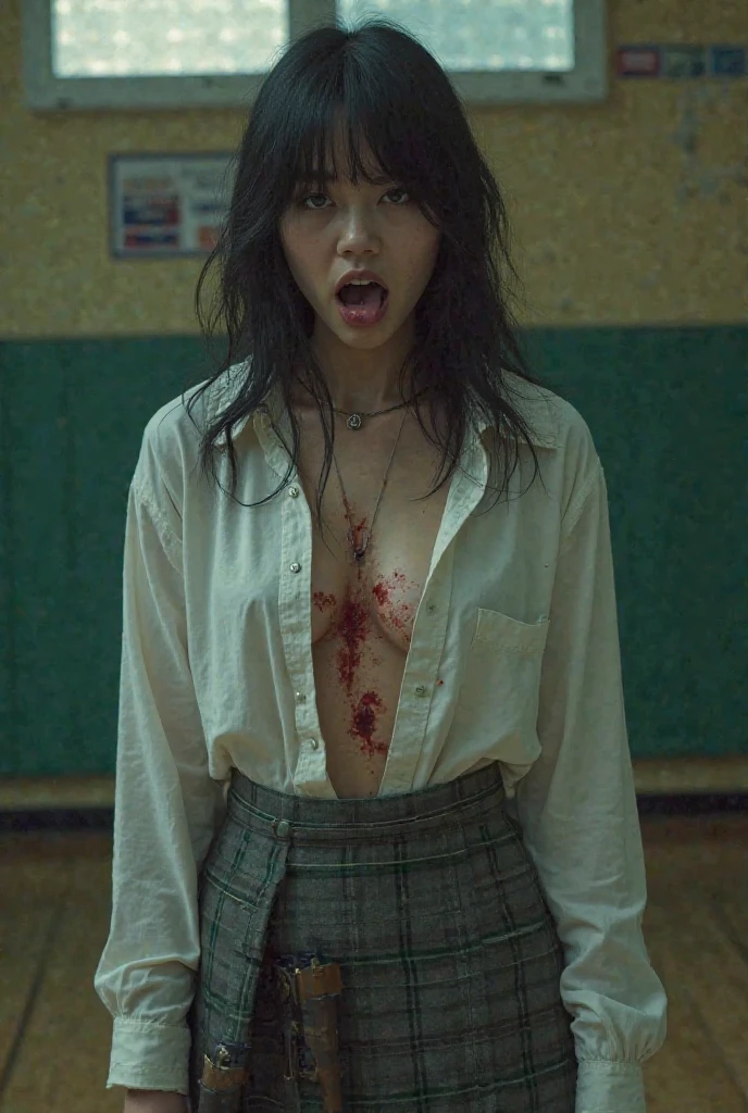 16 year old pre-teen, Japanese school uniform, man raping zombie girl, sexual pose, photorealistic