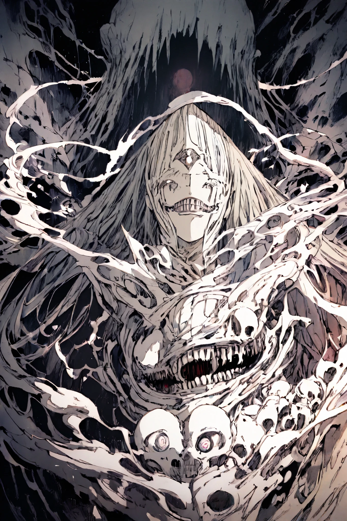 Jikininki is an abomination humanoid more than three meters tall, with a disproportionate body covered with greyish skin, like a decaying . Its torso is full of mouths of different sizes that They chew endlessly, even when there is nothing inside him. His limbs are long and twisted, with five-fingered hands sharp as blades.

His face is the most disturbing thing: an elongated skull with several rows of teeth and three sunken eyes, each with a torn pupil. Around you, a dark and dense haze constantly forms, full of the murmurs of the souls he has devoured.