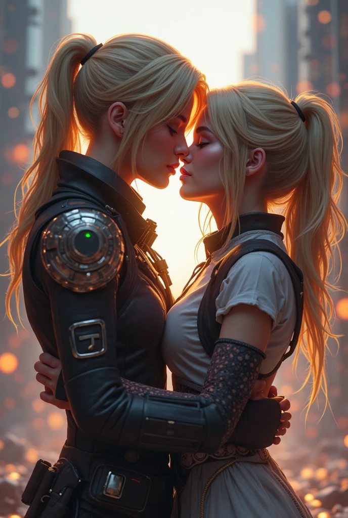 8k realistic image of a beautiful woman, with light and extremely detailed eyes, blonde hair tied in a bun, Dressed in black RPG Warrior clothes and shoulder pads, kissing a woman, an external balcony of a royal palace, Night, anime style art, profile picture