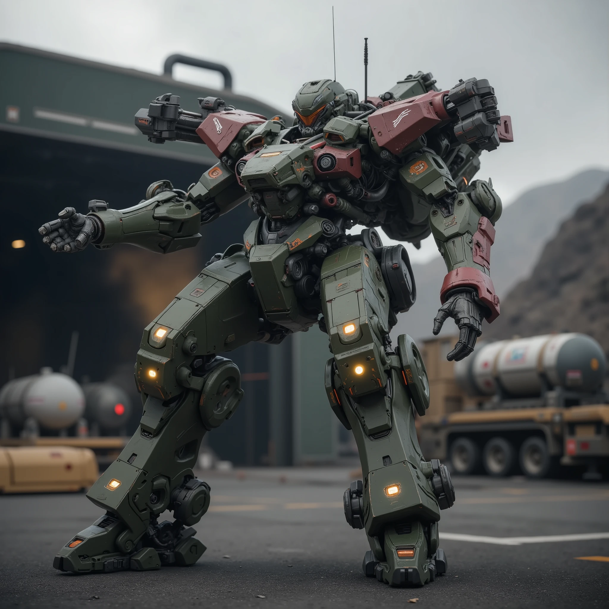 with reliable survivability、number々battles, base facilities visible behind、red accents are strategically placed on the edge of the robot's shape. robot features a proportional and practical body, designed to take into account the firepower of the cannon and the robustness of the aircraft, but、with scratches and stains from, futuristic powered suit. The scene is a mountainous area with large々equipped with super electromagnetic cannons, standing wary of the surroundings、fuel tanks、Hangar. mostly army green and、The illuminating, emphasizes its huge presence. The viewpoint is a first-person perspective at a low angle, looks up, Starship Troopers、equipped with a missile pod on the left shoulder、equipped with a super electromagnetic cannon on the right shoulder、Run and shoot、