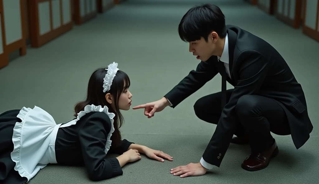 Two pictures of a woman wearing a black dress and a man wearing black clothes, Still from a music video, Hesiav Ron, Steven Klein, Kai xukun, Nexio and Sakimechan, YouTube video screenshot, Trending on cgstation, Huang Yusheng and Aya Takano, It's Pixifs and Junji, Shibari, handcuffed man, his, torture, Jennie Kim, Jennie Blackpink, handcuffing