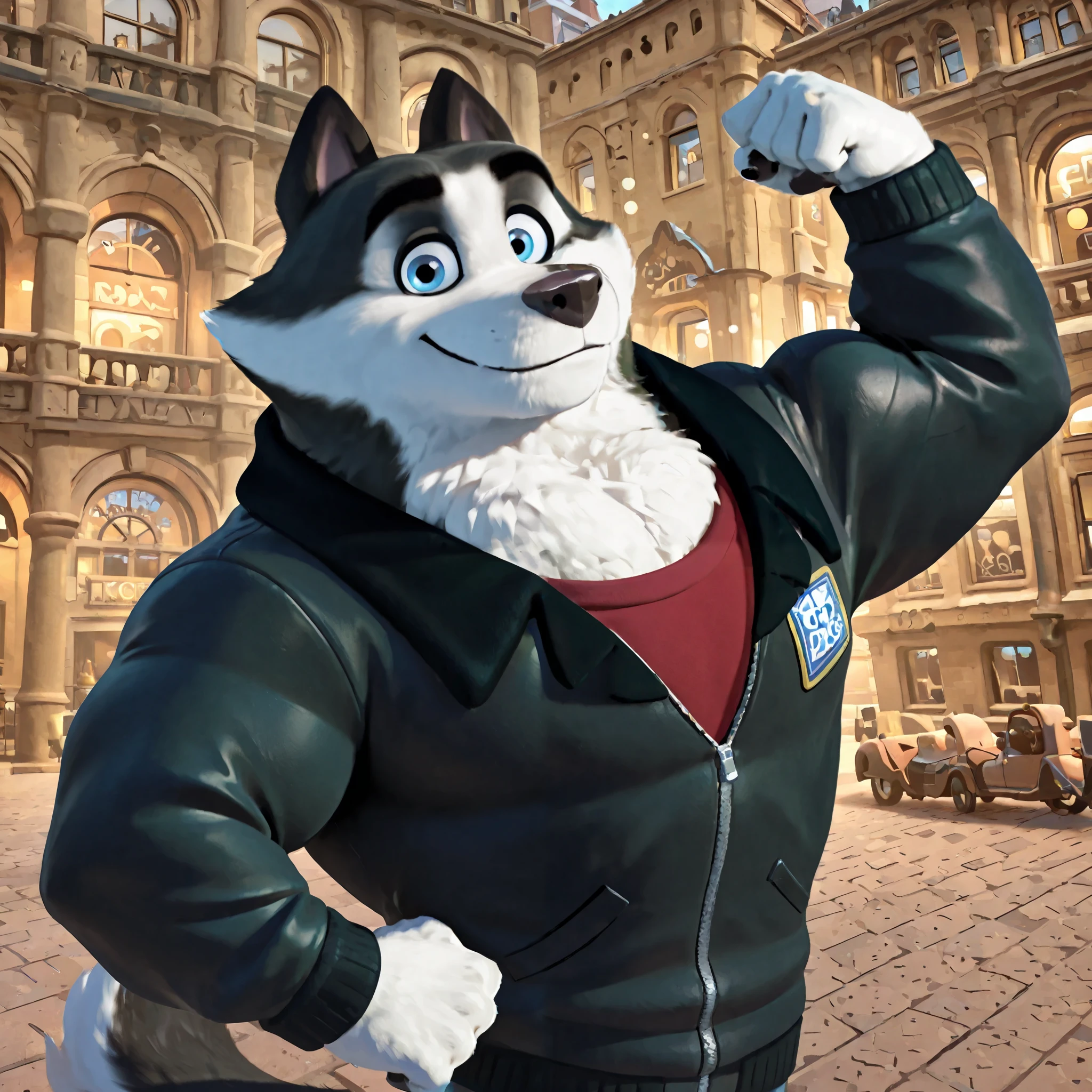 Duke (Arctic Dogs), anthro dog, black fur, white fur, male, blue eyes, black jacket, high quality, half body, flexing, looking at viewer, solo, Krakow city background