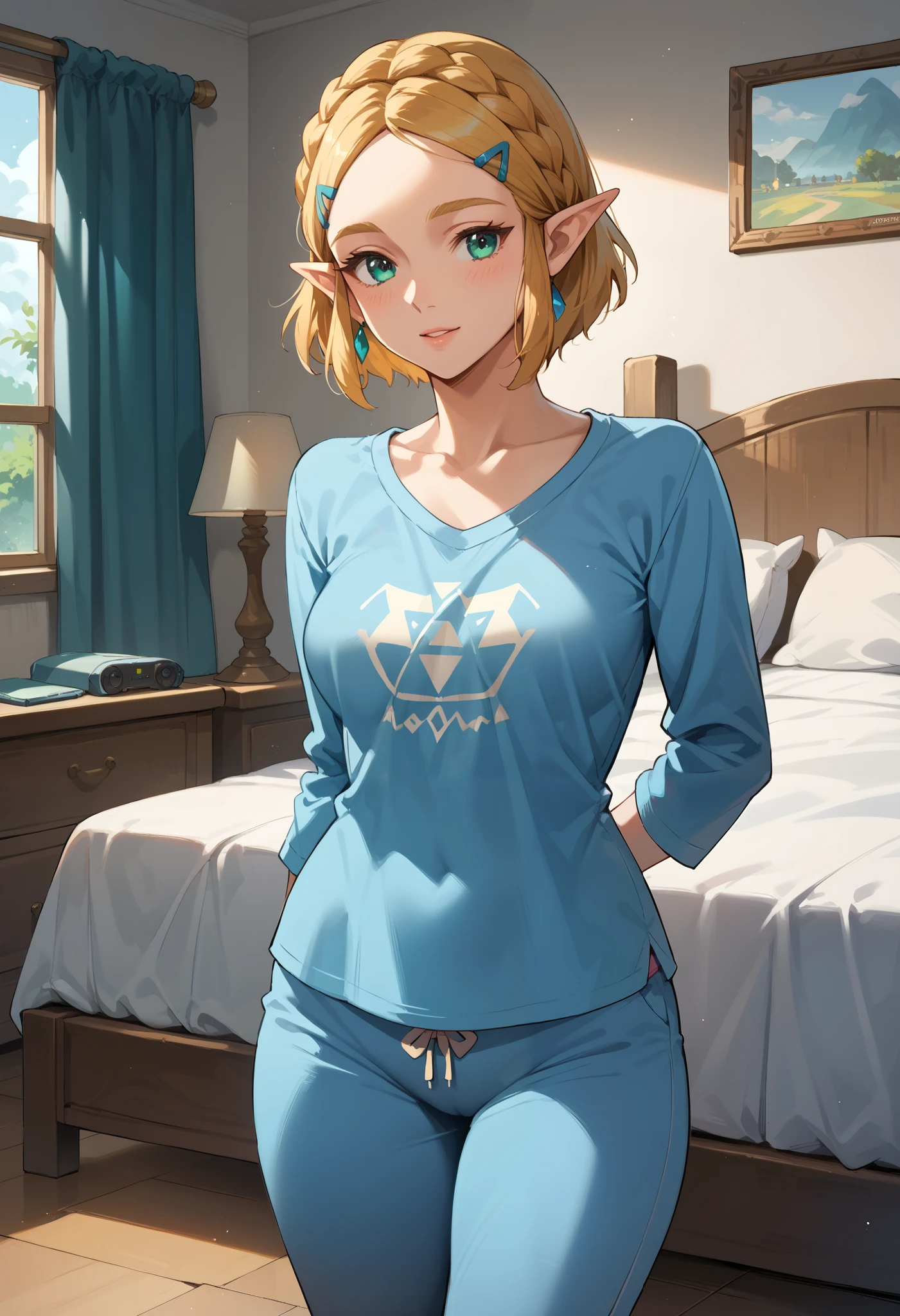 Masterpiece, 8k quality, extremely detailed, Zelda, short hair, braids, bedroom, medium breasts, long sleeve shirt, pajama pants