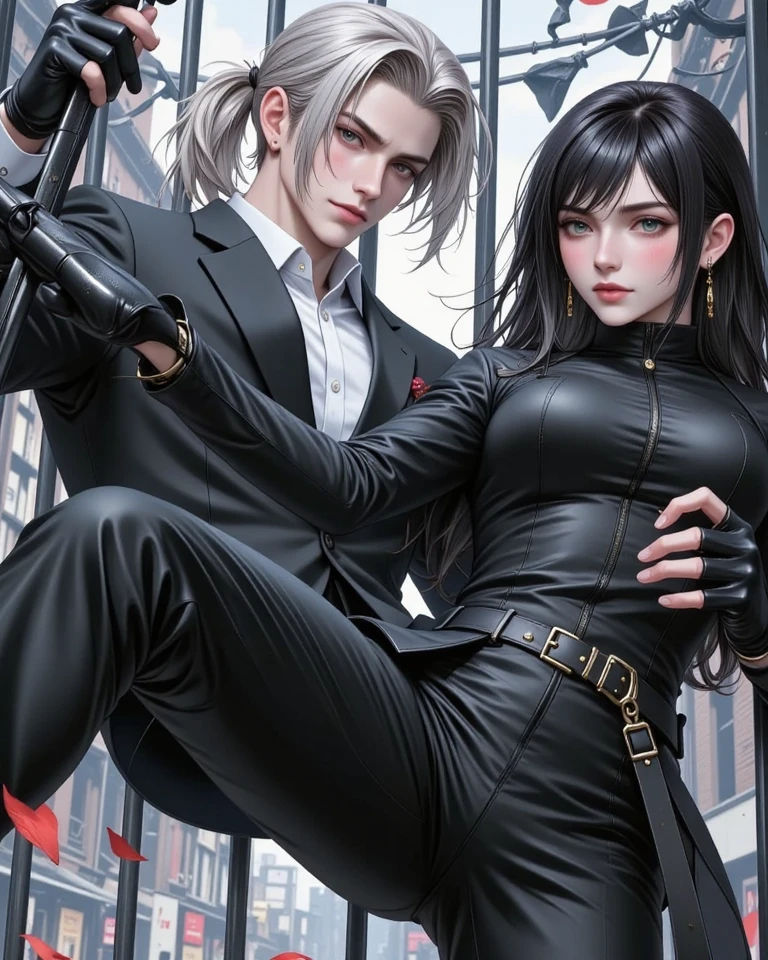 Henry is a 30 year old man with black hair and sharp red eyes like a hawk, Henry wearing a black suit and tie taken in the early 2020s, gotham, alejandro, she looks very graceful,short black hair combed to the left side, dynamic posture, one person,He is a firm figure and has a face that tends to be a bit stiff, he has eye bags that are quite obvious, and he has pale white skin, I think he is around 185cm tall with a good and sturdy body size.