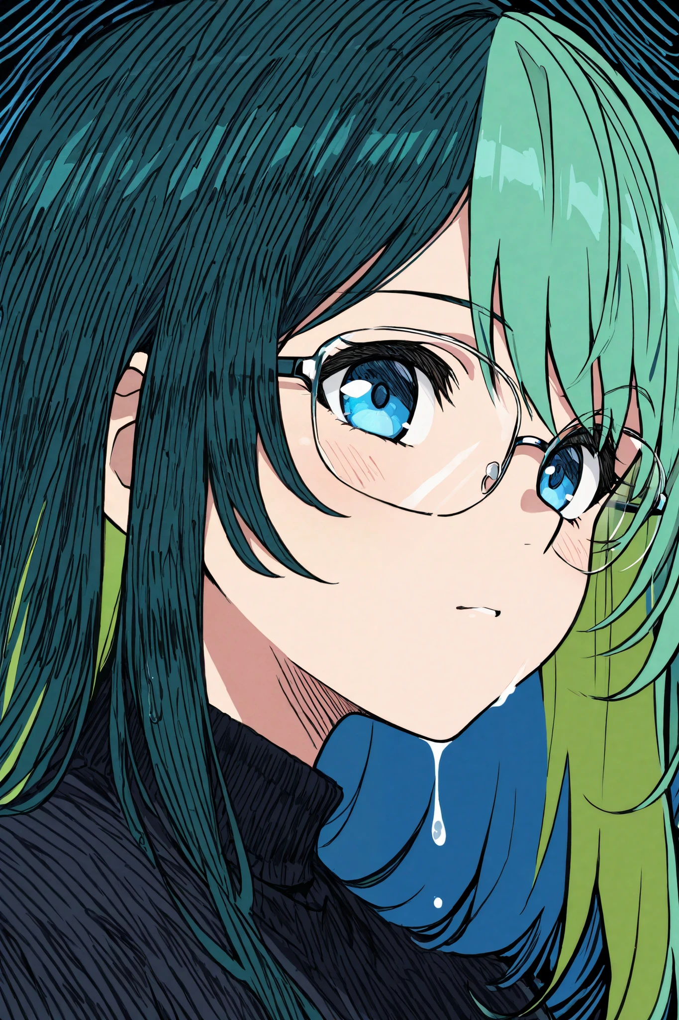 masterpiece, best quality, Anime-style character, girl with short green hair and glasses , bright blue eyes , thick black outlines for character silhouette, thin lines for internal details, cross-hatching , vivid color hair, clear eyes, varied line weight with fluid dynamic strokes,