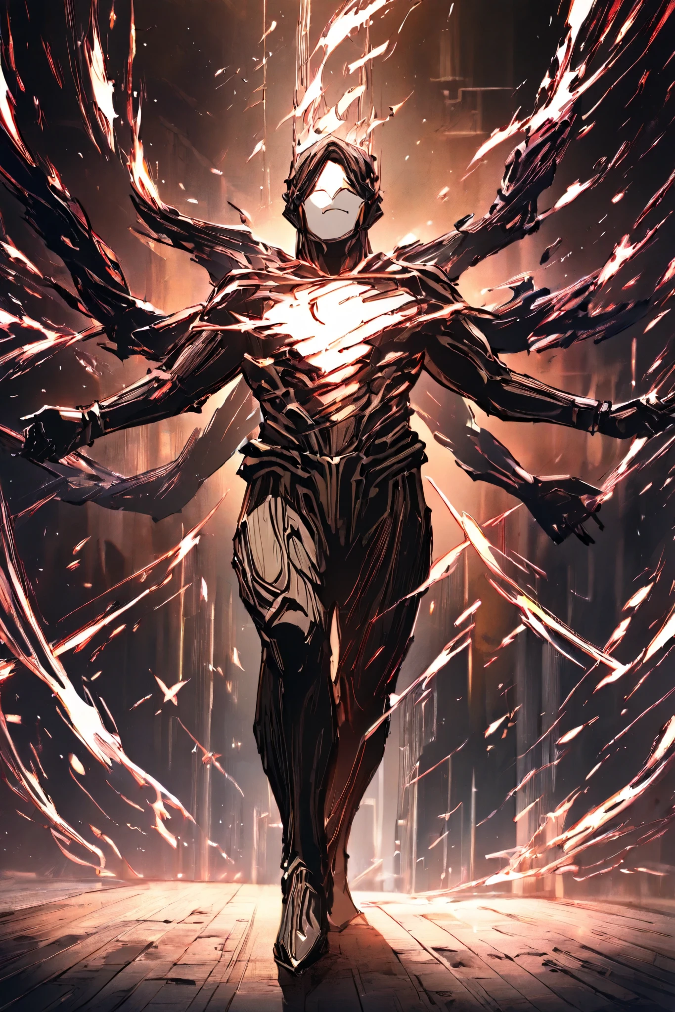 Appearance:
Kugutsu is a humanoid figure made of blackened wood, with deep cracks that reveal threads of spectral light inside. His face is a smooth mask without mouth or eyes, but with carved patterns that move subtly depending on their emotions. His body is segmented like that of a puppet, with limbs that can be extended or divided into multiple arms and legs depending on the situation.
Around him there are dozens of invisible threads that adhere to his environment, manipulating objects, people and even the energy in the air as if they were part of their own body.
