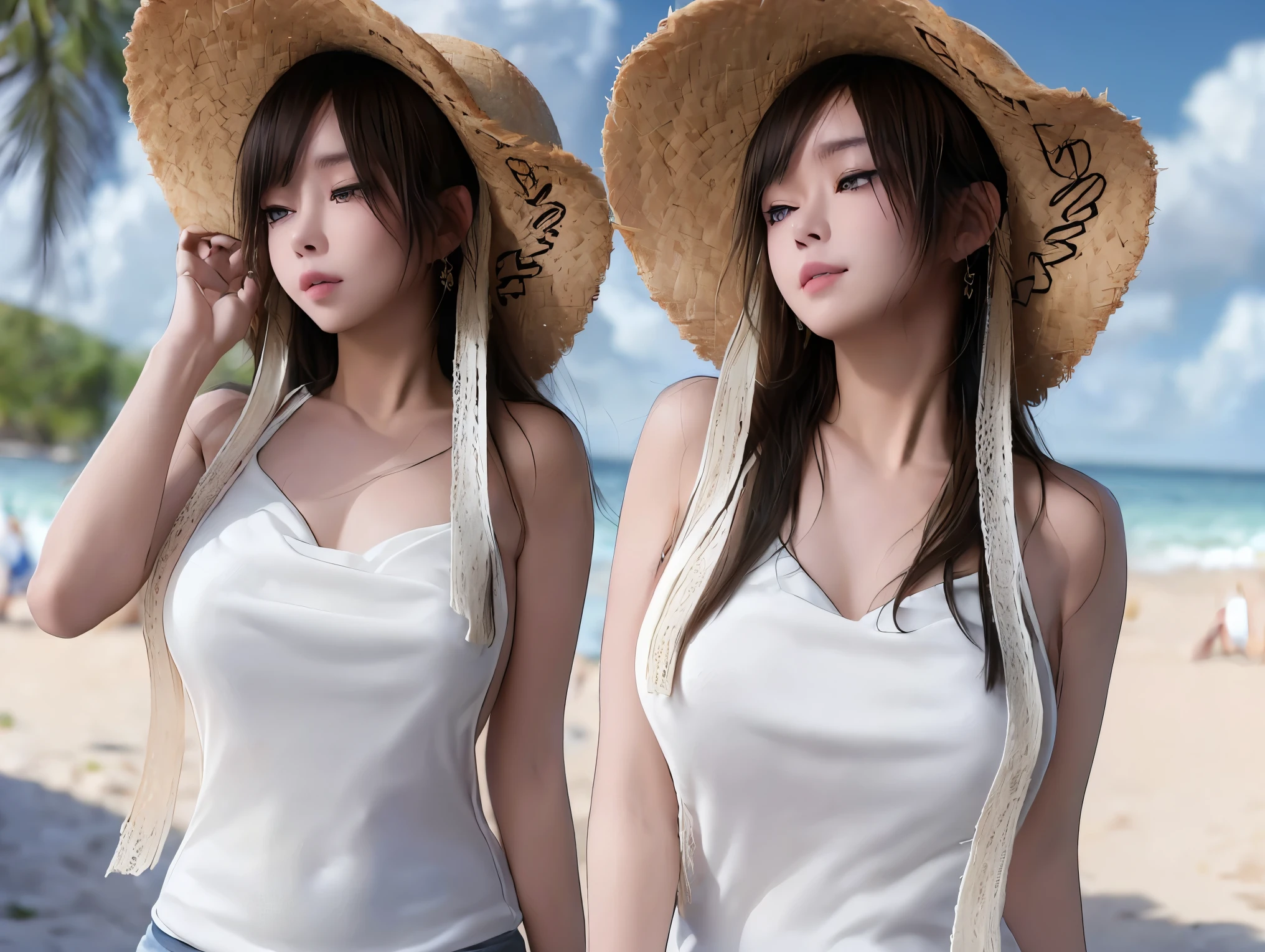 (((Best quality, 8k, Masterpiece: 1.3)), ((best quality)), ((masterpiece)), (detailed), perfect face, perfect body, (detailed skin:1.3), (intricate details), White tank top, denim skirt, age Girls, Straw hats, strong sunlight, Beach, cumulonimbus cloud