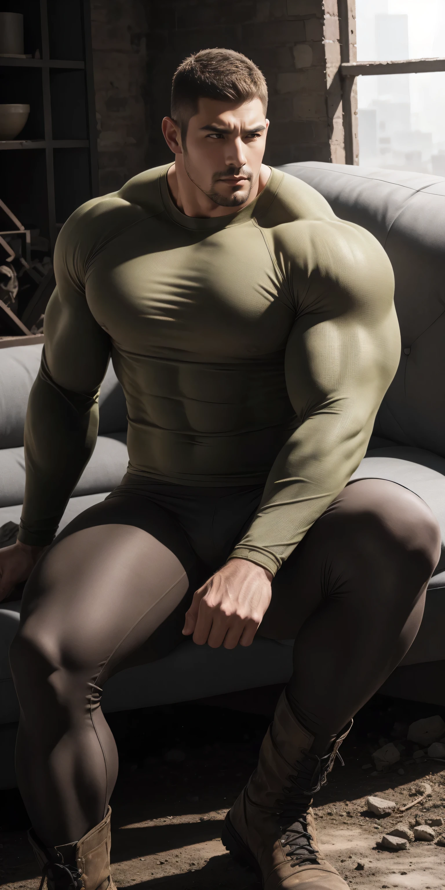 (masterpiece), best quality, expressive eyes, perfect face, a handsome young Latino, 20 years old, shirtless, military haircut, black hair, brown eyes, intense look, affiliated features, marked abs, height 1.80, weight 45 kilos, full body, slim build, wearing blue lycra pants, black pirate boots, he is posing, like a professional wrestler, in the living room of an apartment.