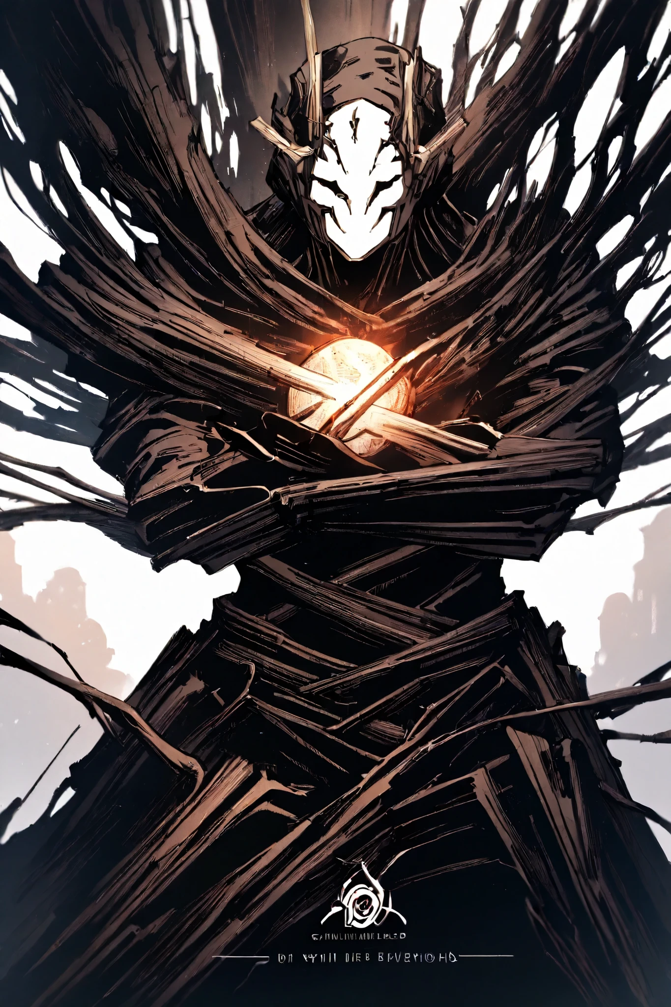Appearance:
Kugutsu is a humanoid figure made of blackened wood, with deep cracks that reveal threads of spectral light inside. His face is a smooth mask without mouth or eyes, but with carved patterns that move subtly depending on their emotions. His body is segmented like that of a puppet, with limbs that can be extended or divided into multiple arms and legs depending on the situation.
Around him there are dozens of invisible threads that adhere to his environment, manipulating objects, people and even the energy in the air as if they were part of their own body.