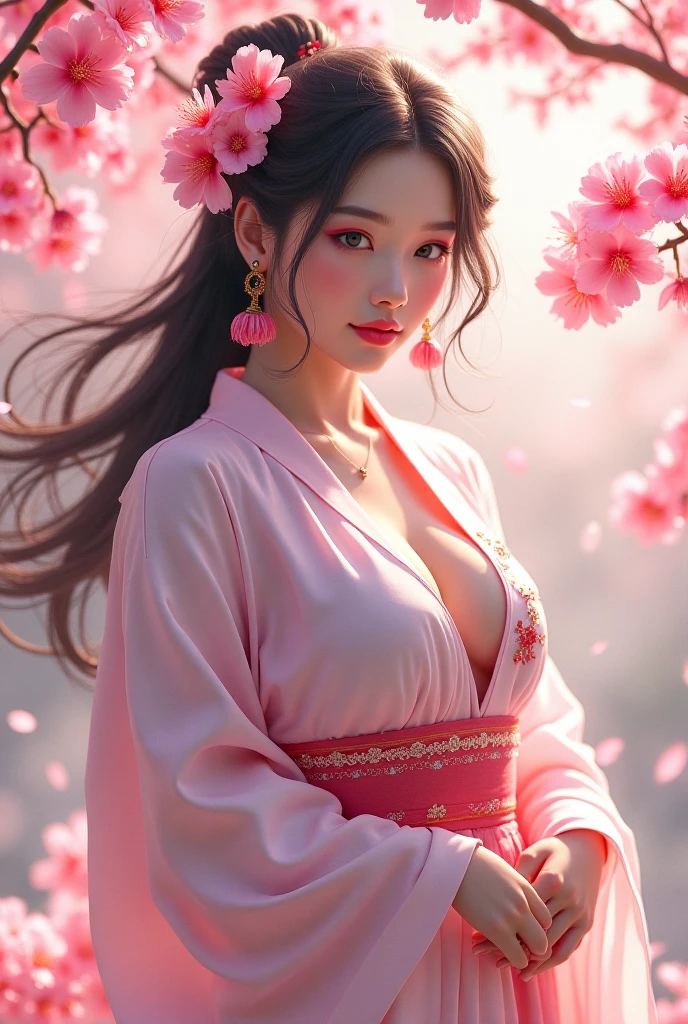 score_9,score_8_up,score_7_up,(pastel-color),(high brightness colors),Cute 20-year-old Japanese 1 girl,solo,(8k, masterpiece, ultra-detailed, best quality, ultra high res, newest, very aesthetic, absurdres, illustration, perfect composition),(hires),looking at viewer,black hair,shiny skin,fair skin,(upper body:1.5),toothless smilev,emphasizing her curvy body and large breasts,A beauty in a vibrant red kimono, gracefully looking back over her shoulder, background of cherry trees in full bloom