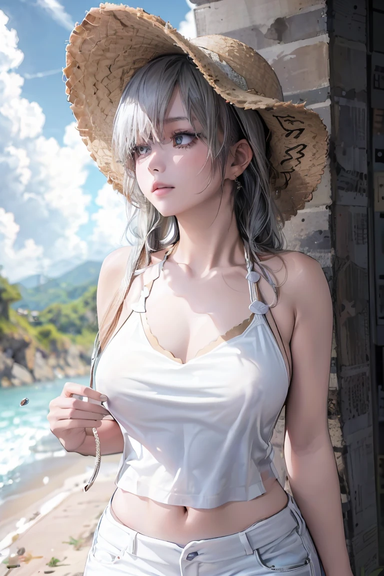 (((Best quality, 8k, Masterpiece: 1.3)), ((best quality)), ((masterpiece)), (detailed), perfect face, perfect body, (detailed skin:1.3), (intricate details), White tank top, denim skirt, age Girls, Straw hats, strong sunlight, Beach, cumulonimbus cloud