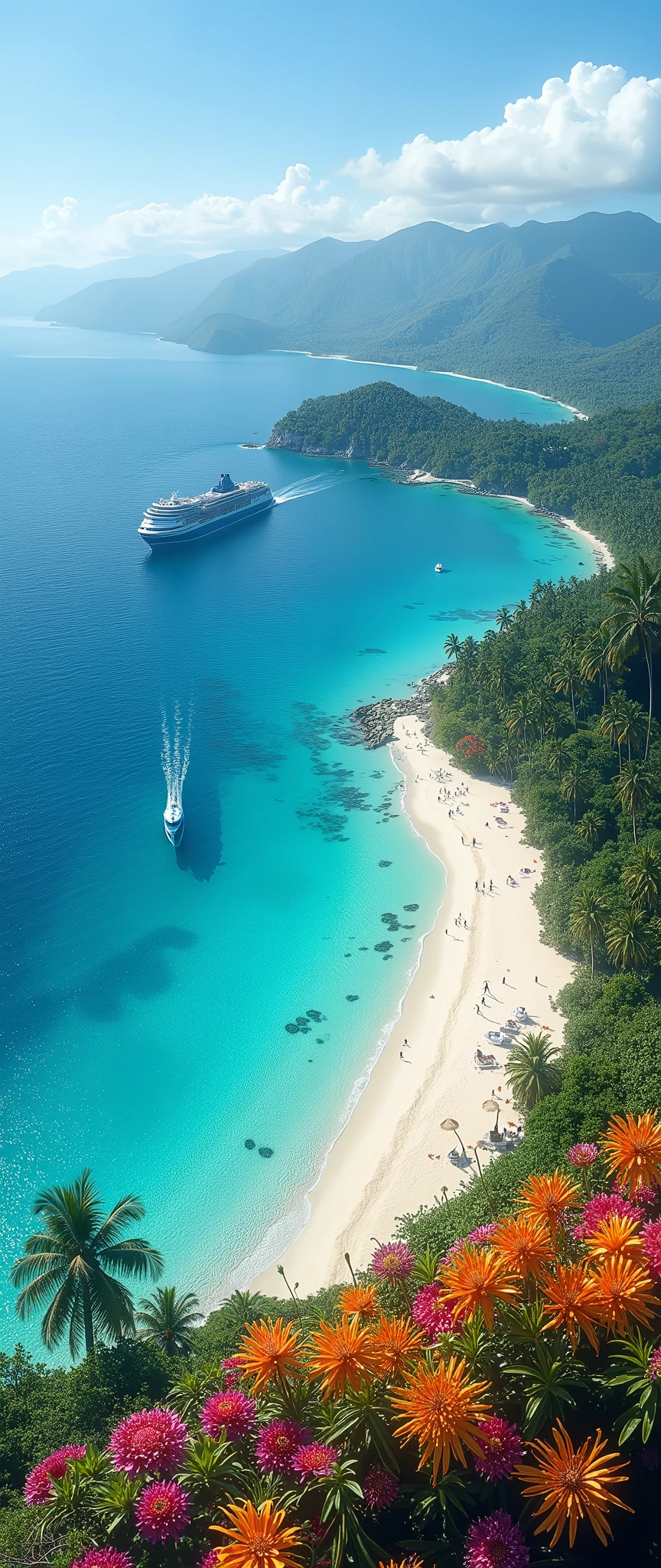 High Res Images( 8k Wallpaper) Aerial Views,A sea full of views、image of a wonderfully clear ocean、Colorful Flowers々、beautiful sandy beaches and a cruise ship on the southern islands、I was able to see the vast ocean,Beautiful Blue Skies and Deep Blue Seas、 magical,Contrast of Light,Tropical flowers,Attractive images,A small island in the distance 々visible background、The greatest masterpiece of ocean images。