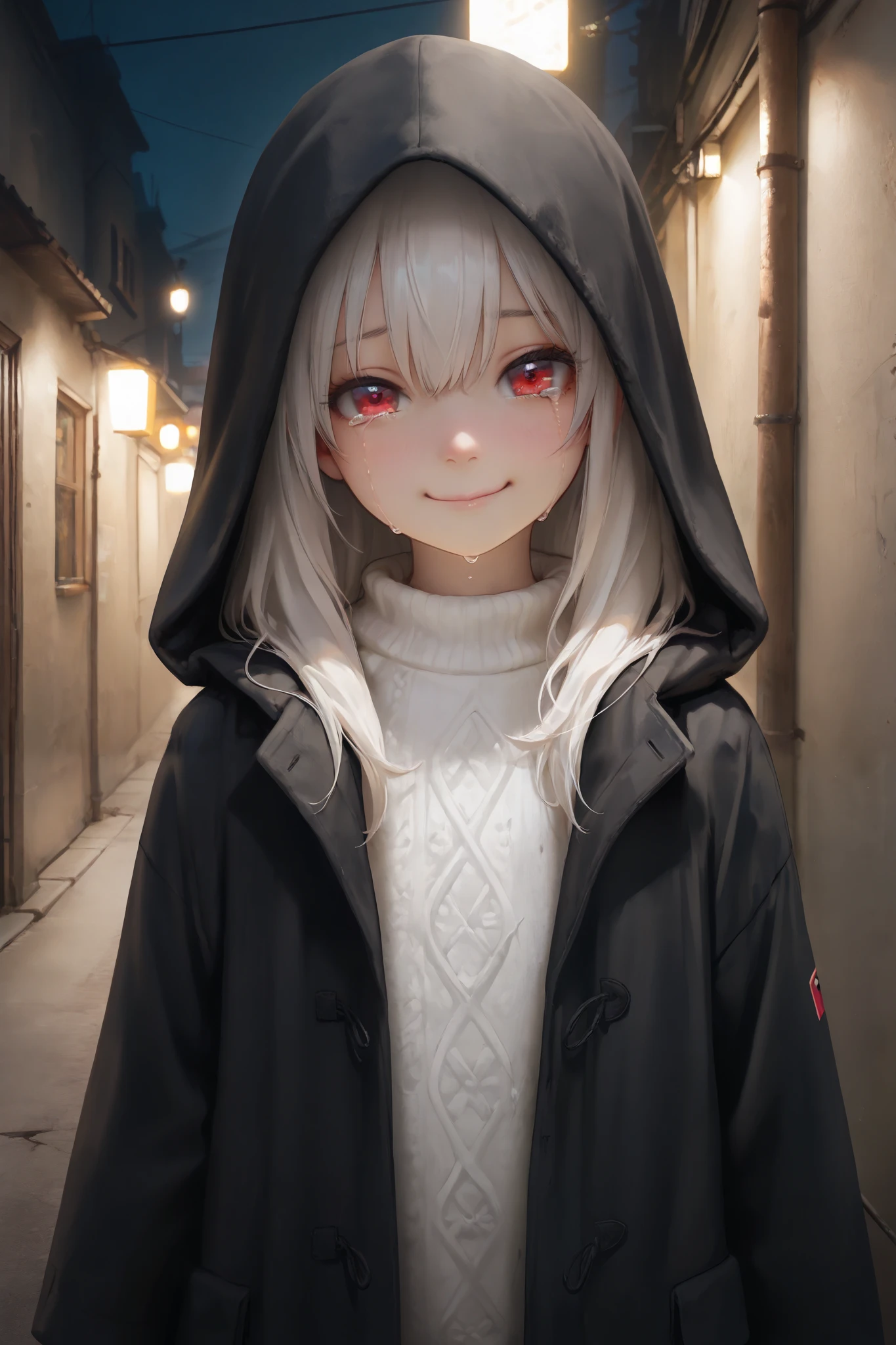 masterpiece, best quality, detailed eyes, semi realistic, 8k, girl, cute, small, sister, pure, young face, oversized black hood coat, black jean, white sweater, short long white gray hair, red eye, midnight city, solo character. looking at viewer, wearing hoodle, holding short metal pole, emotionless, night time, narrow alley background, upper body, lean against the wall smile, happy, crying, tearing