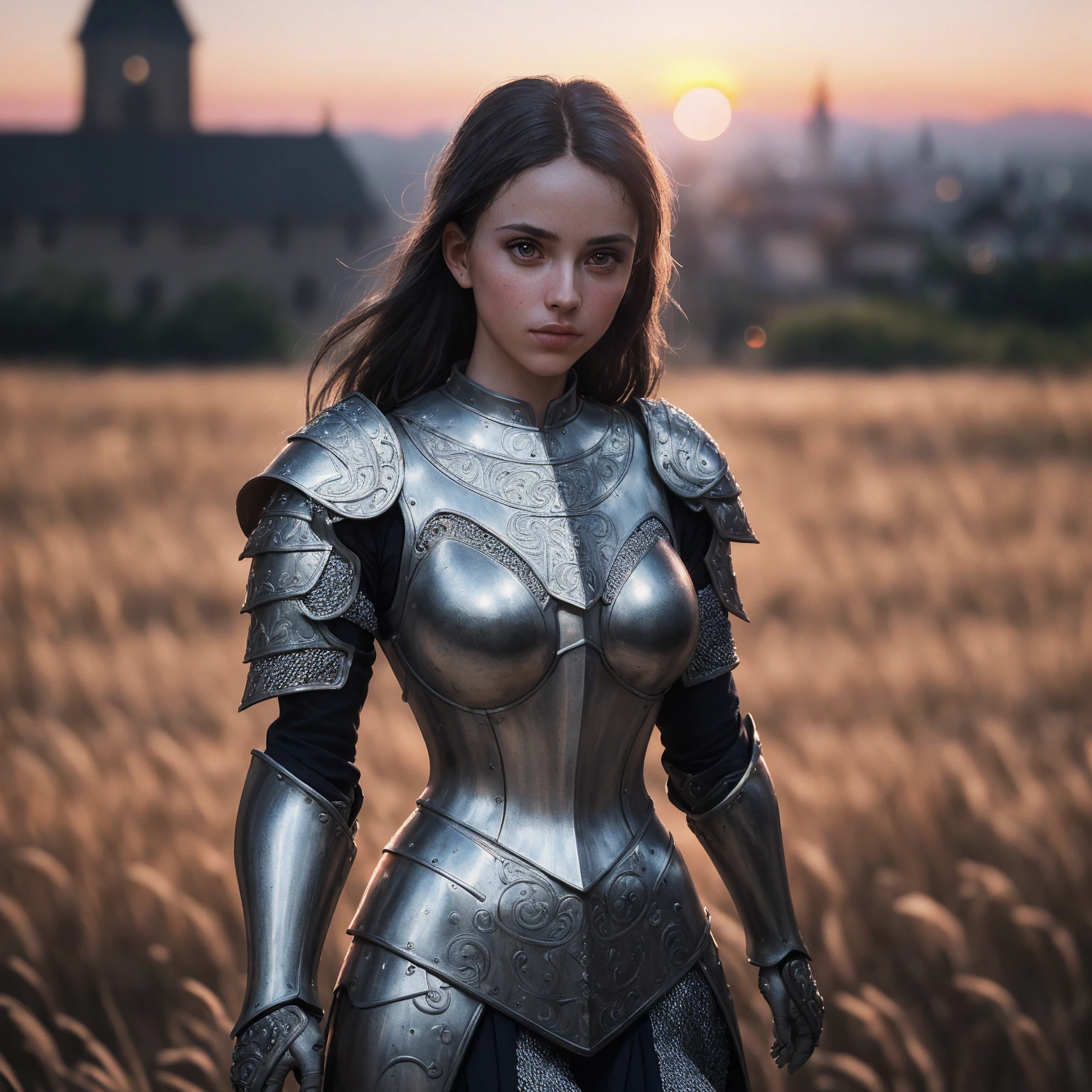 (masterpiece), (Very complicated:1.3), (Realistic), Portrait of a Girl, The most beautiful in the world, (Medieval Armor), Metal Reflection, Upper Body, Outdoor, Strong sunlight, Distant Castle, Detailed professional photos of beautiful women, Sharp focus, dramatic, Awards, Cinema Lighting, Octane Rendering Unreal Engine,  Volumetrics dtx, (Film Grain, Blurred Background, Blurred foreground, Bokeh, Depth of written boundary, sunset, Motion Blur:1.3), Chain Mail,Large Breasts、1 girl