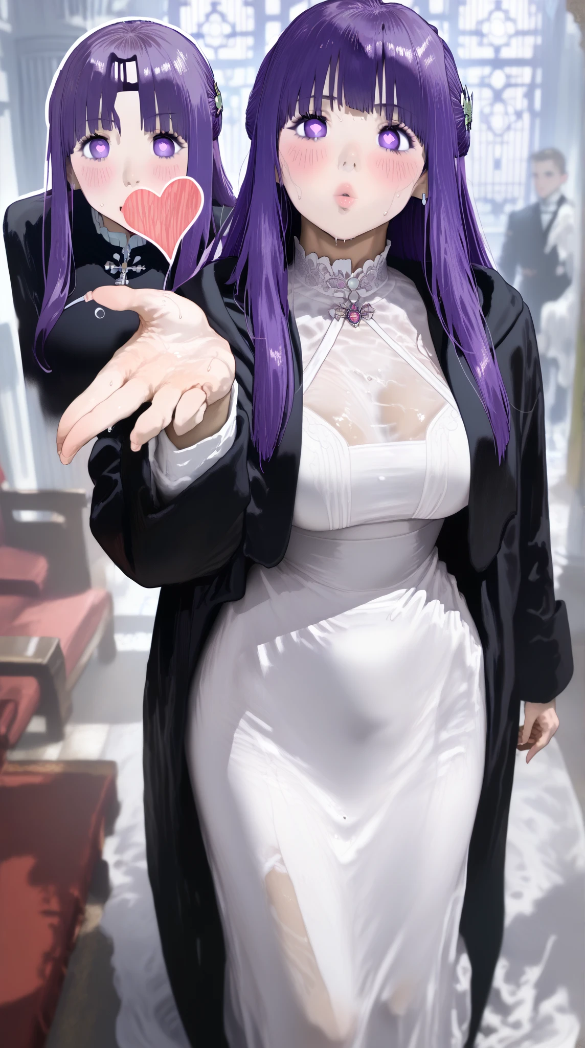 score_9, score_8_up, score_7_up, 1girl, FernFrieren, purple eyes, purple hair, long hair, half updo, hair ornament
FernBase, purple eyes, purple hair, long hair, half updo, hair ornament, white dress, collared dress, black robe, heart, cute, blushing, (detailed), ((sfw)), blowing kiss, full body, standing, lips, mature body, heart pupils, wet clothes, sweating,