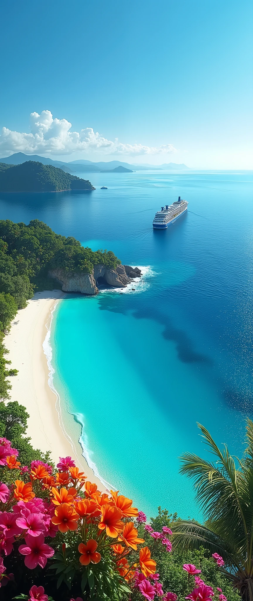 High Res Images( 8k Wallpaper) Aerial Views,A sea full of views、image of a wonderfully clear ocean、Colorful Flowers々、beautiful sandy beaches and a cruise ship on the southern islands、I was able to see the vast ocean,Beautiful Blue Skies and Deep Blue Seas、 magical,Contrast of Light,Tropical flowers,Attractive images,A small island in the distance 々visible background、The greatest masterpiece of ocean images。