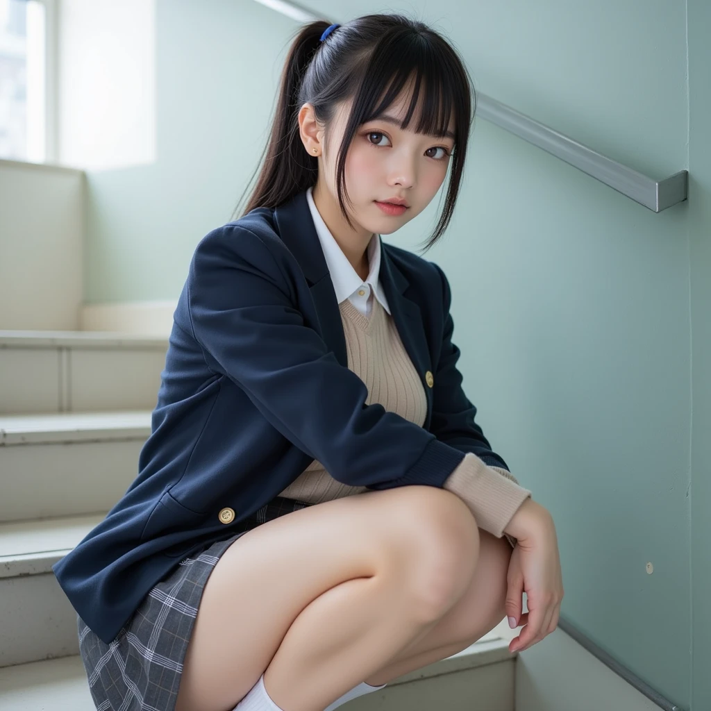 Masterpiece, bokeh, Beautiful (Japanese idle:1.6), (school uniform:1.3), squatting in train station, (From below:1.3), 