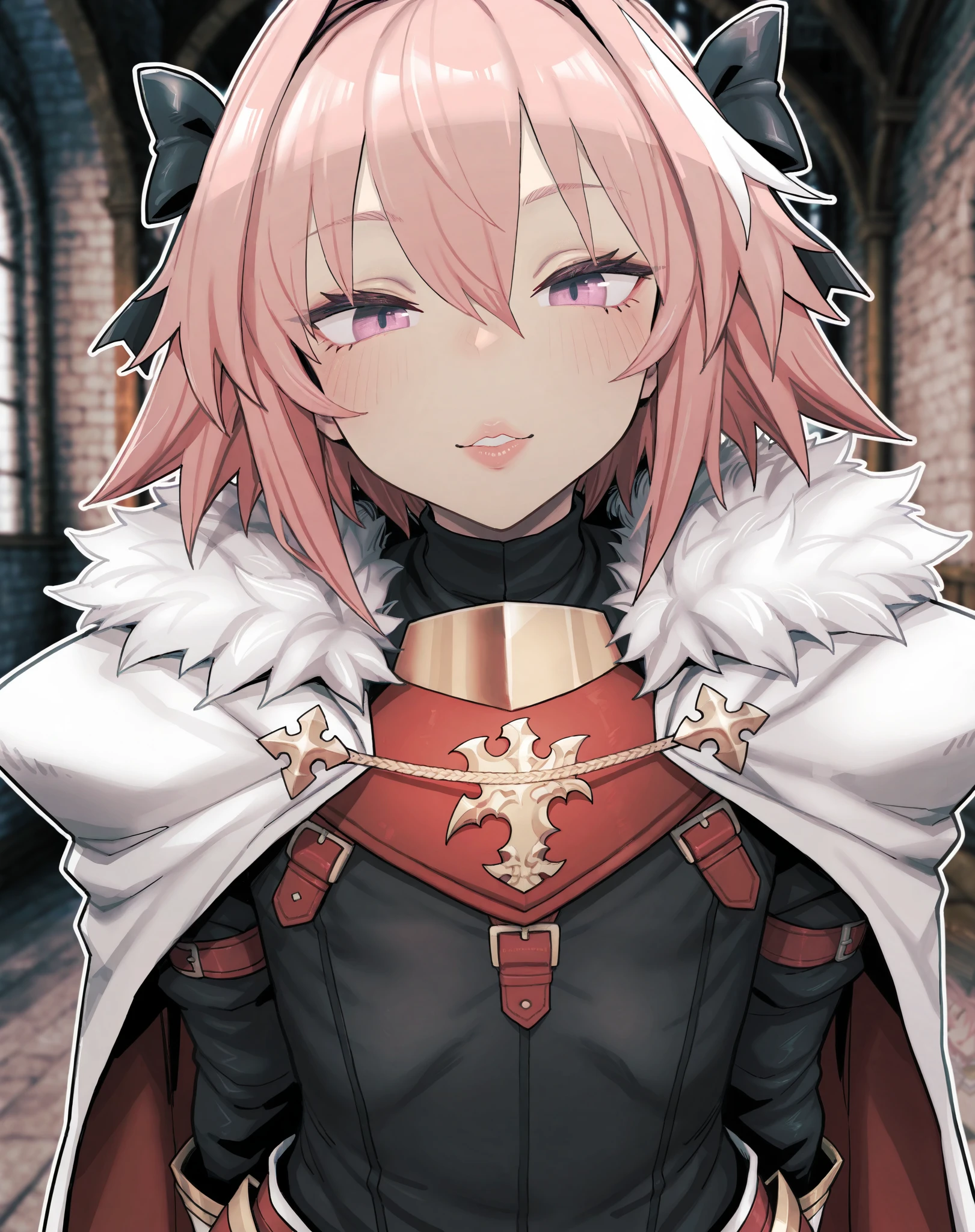 masterpiece, best quality, bee_(deadflow) style, solo, 1boy, femboy, male, pink hair, Astolfo, fate_(series), cute, lips, parted lips, Astolfo_(saber), Astolfo_(cosplay), thick thighs, indoors, medieval fantasy, looking at viewer, blurry background, upper body shot, facing viewer, outline, saturated