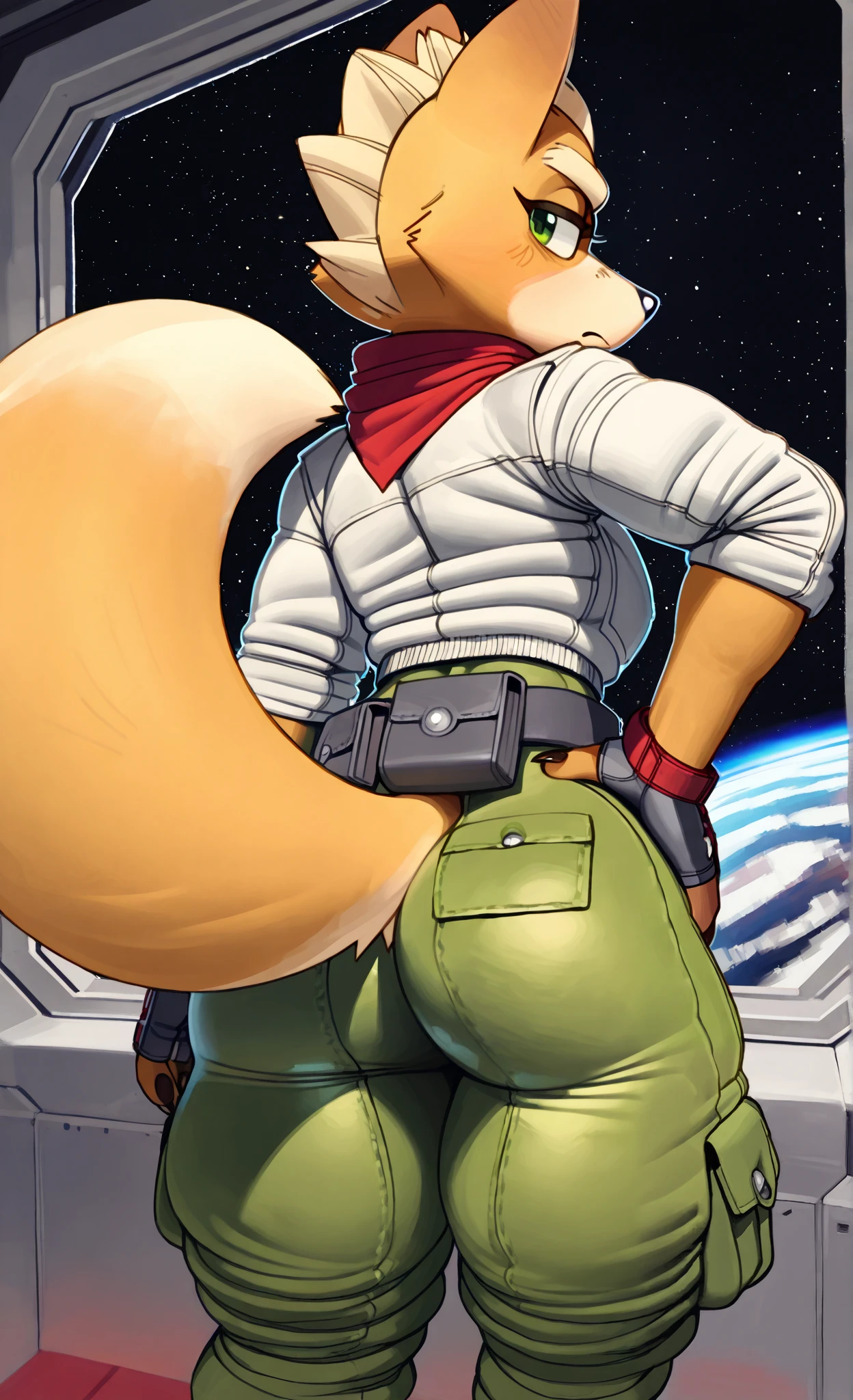 Starfox Adventures Fox McCloud, male, anthro, green eyes, solo, handsome, thick plump butt, perfect bubbly butt, toned round butt, twink skinny body type, gay, big round buttcheeks, skin tight green pants, sleeveless white jacket