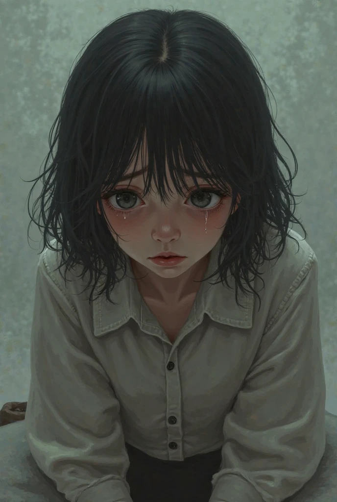 Black haired girl crying in room with open window raining deep anime night trapping falling tears.