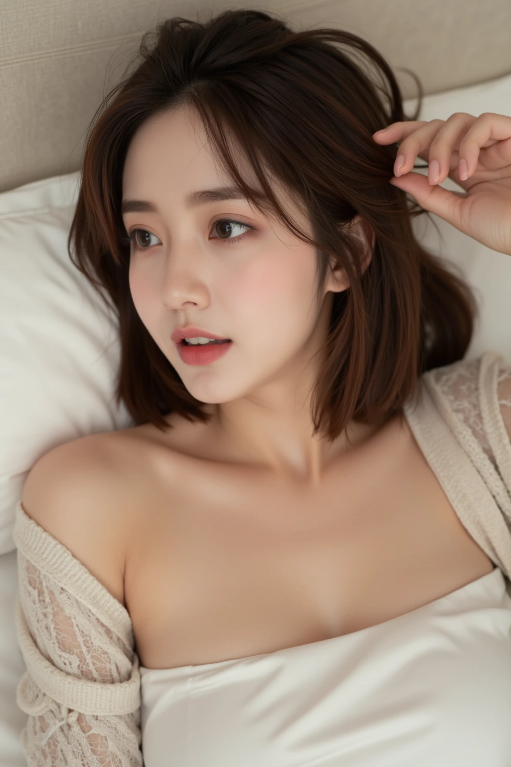 1girl, (looking at viewer:1.2), detail face, (a girl standing, rending on cgsociety, Sleeping Position,Lying on your side in bed,), romanticism, atmospheric, (RAW photo, best quality), (realistic, photo-realistic:1.3), masterpiece, an extremely delicate and beautiful, extremely detailed, D cup,With cleavage,Blue tube top dress1.5,Exquisite eye details,Charming smile 1.5,Ruddy complexion,Redness of cheeks,Tipsy