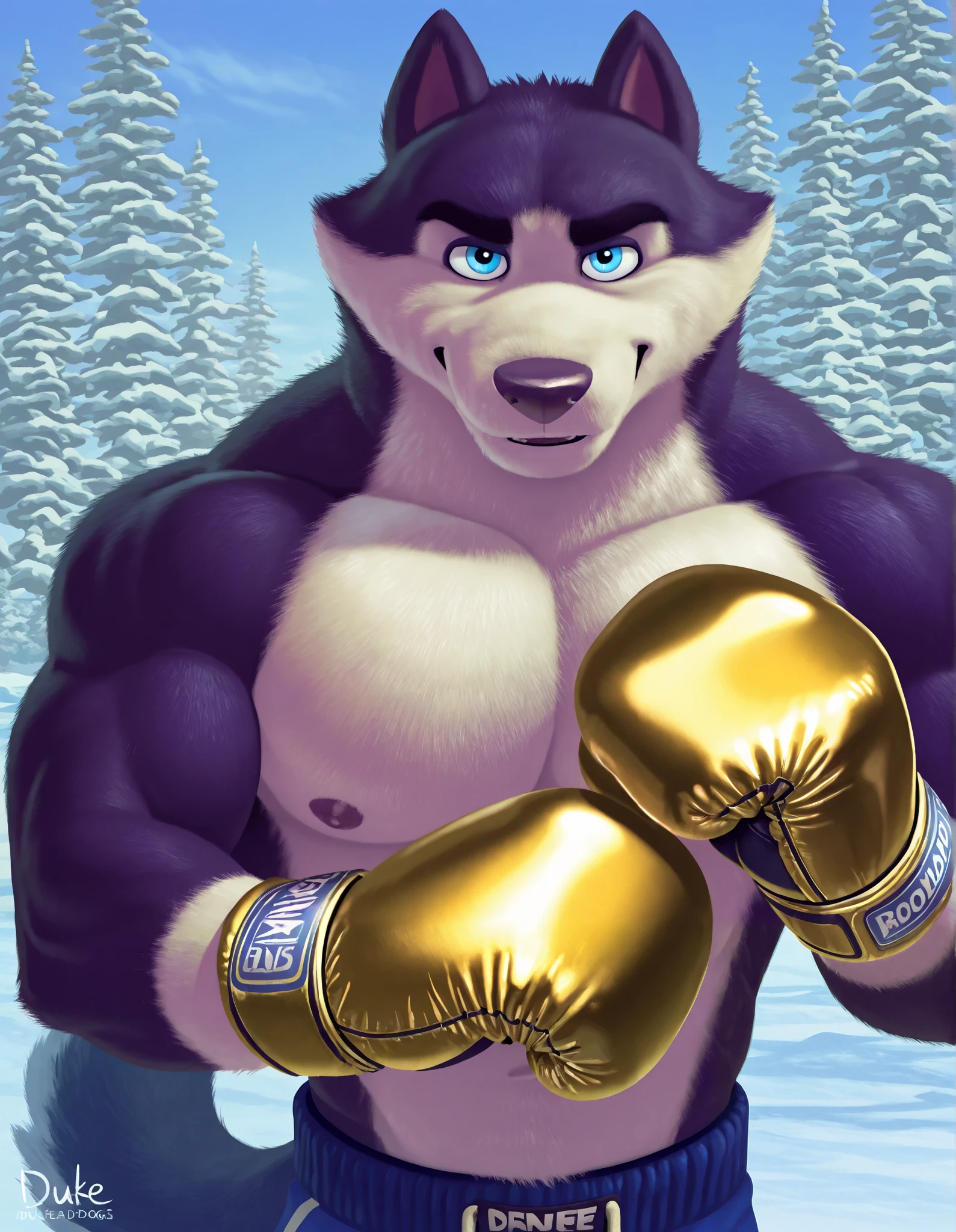 Duke (Arctic Dogs), anthro dog, black fur, white fur, male, blue eyes, shirtless, high quality, half body, standing, looking at viewer, solo, winter background, pov_boxing, golden boxing gloves,