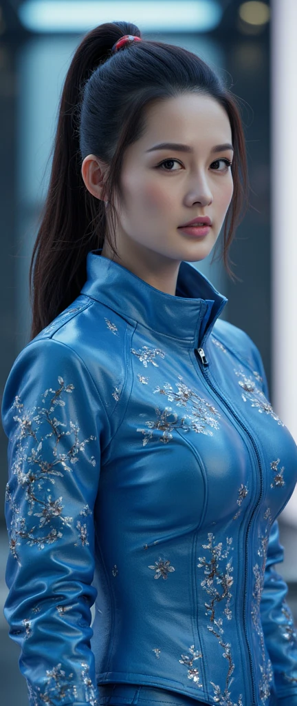 Close-up of a woman in a shiny shirt and leather pants, Portraits inspired by Zhang Shuqi, CG society hot topic, Hyperrealism, wearing a light Blue Shirt, Blue Shirt, Bright blue shiny lingerie, Wear a shirt, Wet shirt, metallic cyan bodysuit, Wearing a blouse, Gorgeous Chinese Model, Full body fairy, Blue tight T-shirt