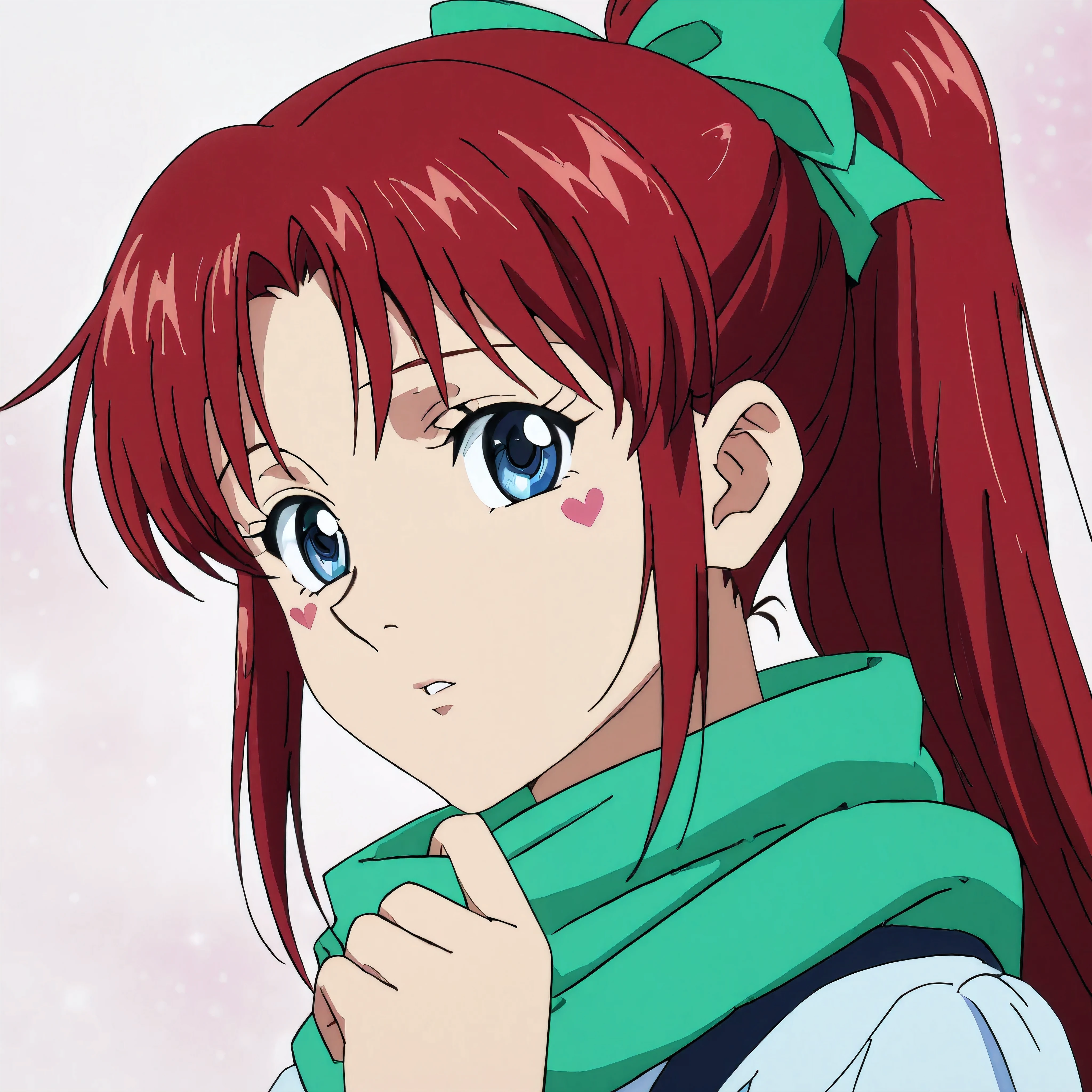 1girl, solo, Anime Style, Beautiful Anime Girl with Red Hair and Blue Eyes, Ponytail, Green Bow, Green Scarf, Beautiful Blue Eyes, Blue Eyes, Red Hair, Dark Red Hair, Beauty Mark, Long Hair, Bangs, Cute, Beautiful, Pretty, Feminine, pink sparkly background