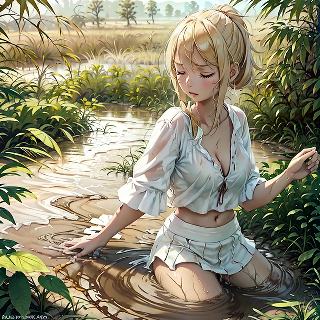(masterpiece, highly detailed, best quality, official art, beautiful and aesthetic:1.3),(highly detail CG Illustration),(natural lighting),short hair,(1Girl:1.2)(abs:1.1),large breast:1.2,(stuck in the mud), the body covered in mud, plunging in, (the mud attached her limbs),sexy body,(white skin),Slender,(dirty crop top),tied up,soaked by mud,laying on your back, open legs, naughty posing,focus character,focus female, covered, mud:1.2,high angle,(mud ground:1.4),