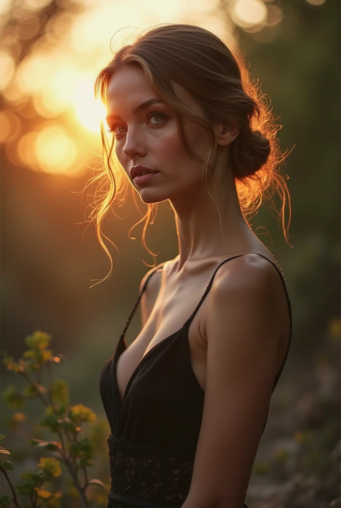 "Develop a high-definition, realistic image, with the same face, with the best realistic quality possible. The scene features a detailed background of a forest at dusk, with a focus on wild animals. A young woman is the central point, wearing a short, low-cut dress highlighting her flat stomach, with a perfect and highly realistic face, emphasizing the best possible quality. She has a charming smile and bright red lipstick. The girl wears camouflaged boots that contrast with the wild environment. This is a top model-style portrait, where the setting includes elements such as dense fog and sunbeams. The sun is setting in the background, creating a twilight atmosphere. The girl's eyes are bright and expressive, adding life to the scene. The image captures the contrast between feminine beauty and the wild natural environment, resulting in a visually engaging and captivating composition."