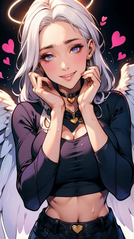 Hyperrealistic image of a young and beautiful woman, full body, big breasts, upturned nose, gray eyes, jeans, black sweatshirt, has angel wings, is smiling, has a ring of light over her head, the ring of light has pearl colors (candlelight, light dark)