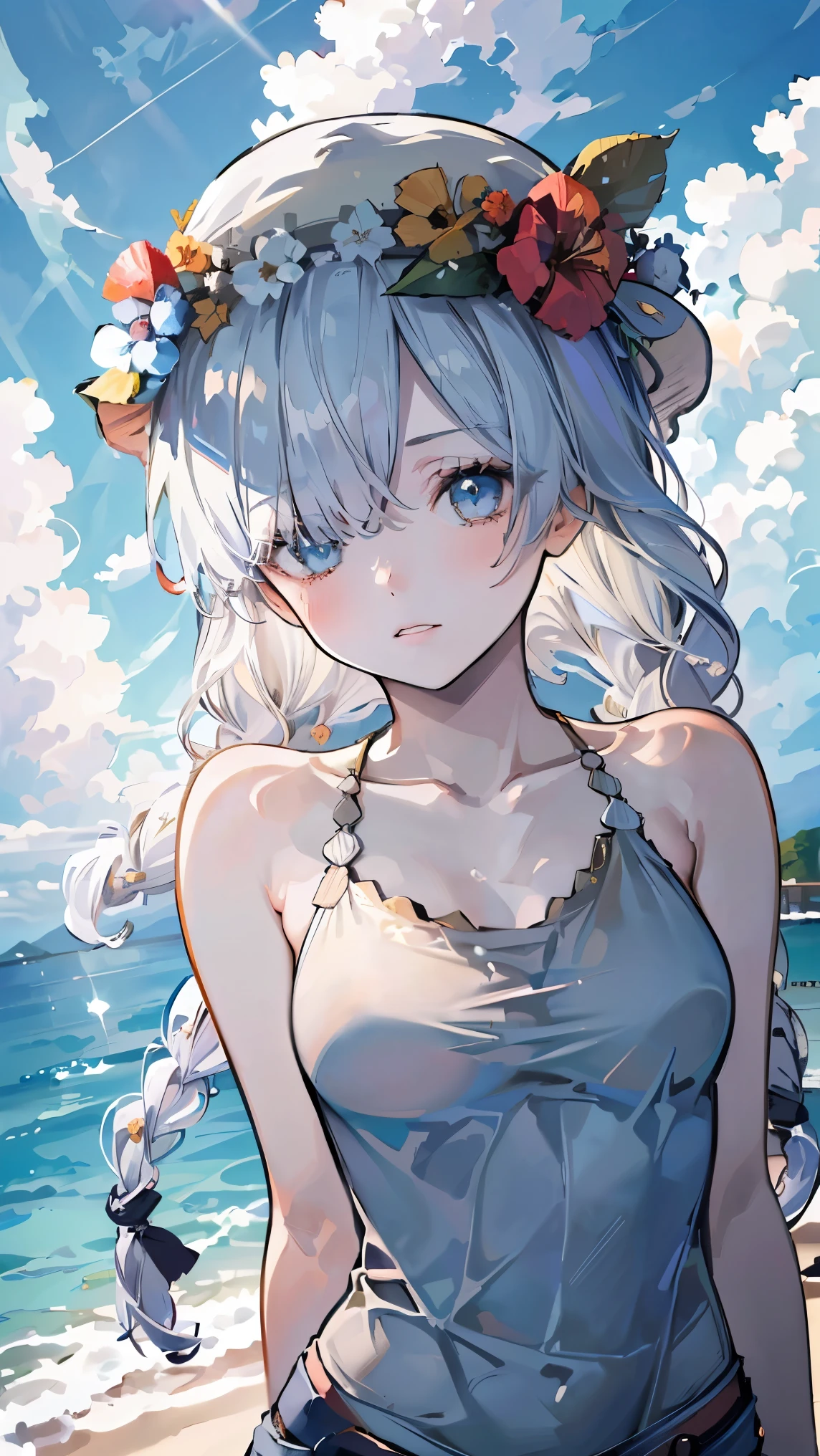 (((Best quality, 8k, Masterpiece: 1.3)), ((best quality)), ((masterpiece)), (detailed), perfect face, perfect body, (detailed skin:1.3), (intricate details), White tank top, denim skirt, age Girls, Straw hats, strong sunlight, Beach, cumulonimbus cloud