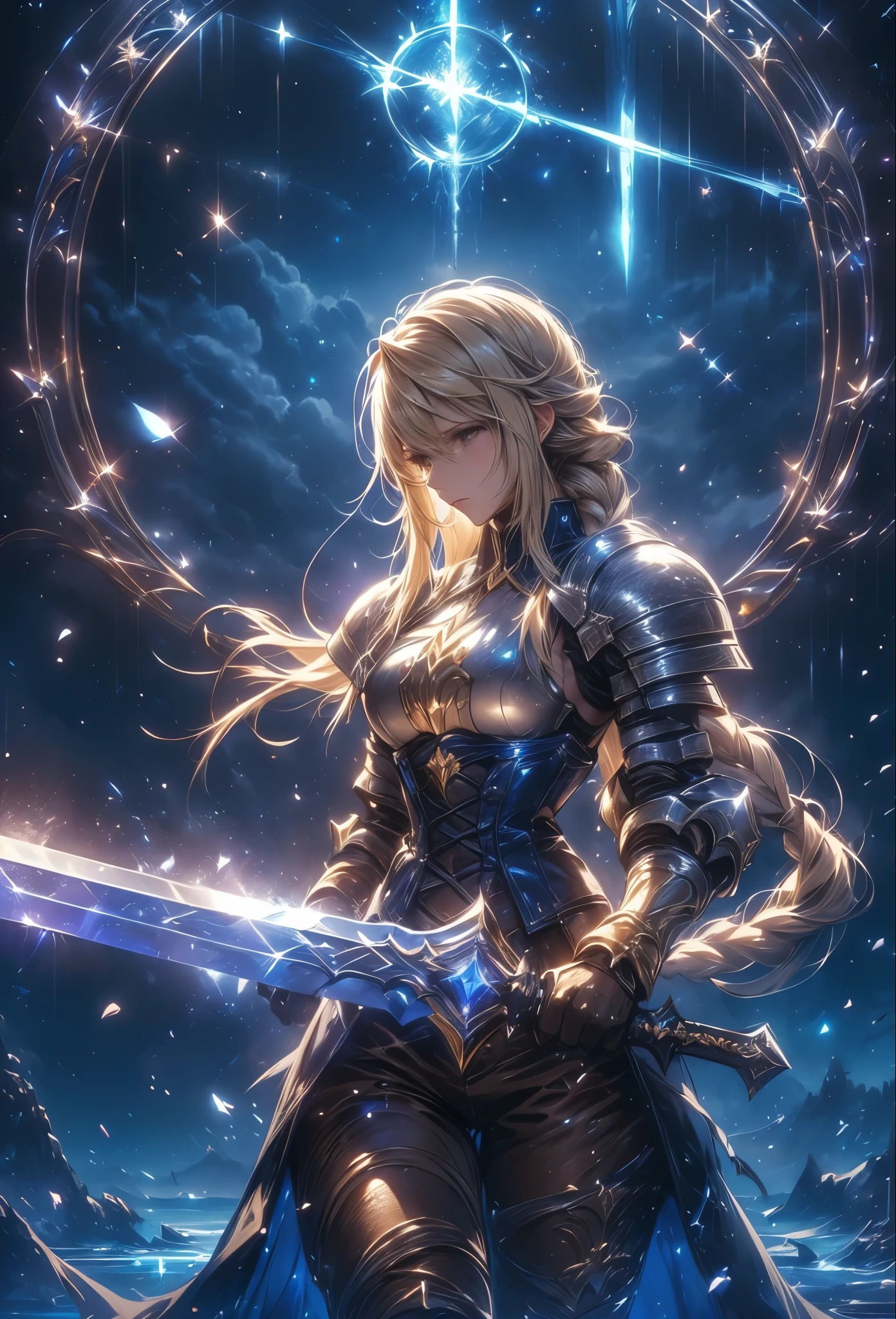 (Agrias Oaks\(Final Fantasy Tactics\) , score_9 , score_8_Excellent , score_7_Excellent , 32K , detailed description 、 A Girl Holding a Sword Destroys , Luxurious Sword , blond hair , braided ponytail , brown eyes , shoulder armor , armor , corset , (brown pants:1 . 3) , Knee pads , blue dress , brown gloves , pants , Cross Race Boots , Big Breasts , combat posture , dynamic angle , (\(Become , European Sword , , glows blue\):1 . 4)\) , (Holding a straight sword , a blue aura shining from her whole body) , Picture of a Female Paladin , Destruction of animated fantasy art , background\ long hit , dynamic angle , There's a giant crystal on the ground , 青い月と星のbackground , night sky , (alone:1 . 6 )(top quality)) , (ultra high definition) , (Super Detail)