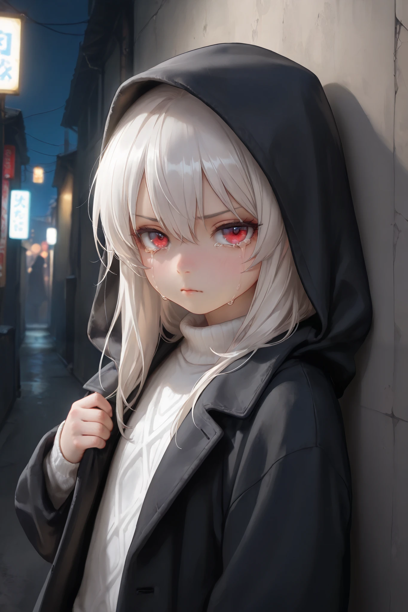 masterpiece, best quality, detailed eyes, semi realistic, 8k, girl, cute, small, sister, pure, young face, oversized black hood coat, black jean, white sweater, short long white gray hair, red eye, midnight city, solo character. looking at viewer, wearing hoodle, holding short metal pole, emotionless, night time, narrow alley background, upper body, lean against the wall, crying, angry, disappointed, tilting pole to viewer
