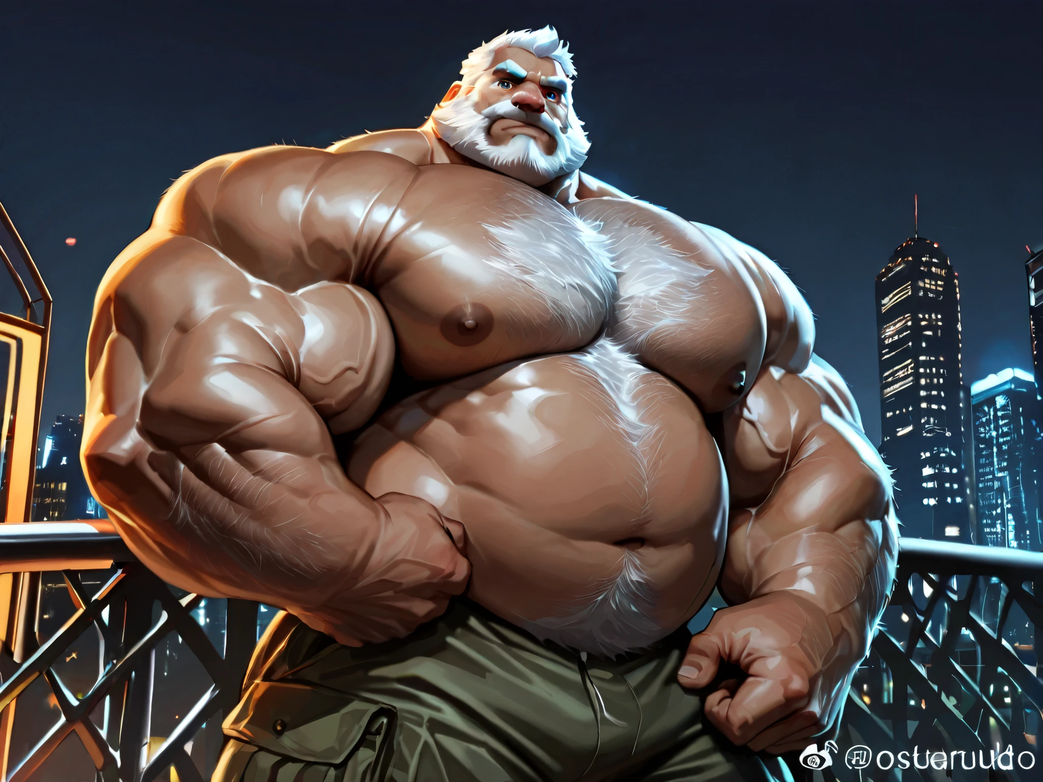 solo, 1boy, perfect anatomy, ground view, blush:1.2 , wrinkles skin, low shoot, down view, perfect proportional, thick body, thick thighs, gay boy, big eyes, smile, perfect fingers, big hand, fingers. Walking in crowded city, crowded city, Huge Muscular Old man with short hair, wearing cowboy hat (old, old man, grandpa, long bearded),(black pants), view from side, ((huge pec, hyper pec, bigger chest, extremely wide pectoral , pectoral, huge pectoral, wide pectoral)):1.3, white hair, white beards, masterpiece, semirealistic:1.2, high detailed, 8k, high resolution, perfect center, full view. ((really big muscle, massive muscular, sixpack, thick arms, wide pectoral, super huge muscle, hyper muscular, over sized muscle, huge arms, big arms, huge pectoral))