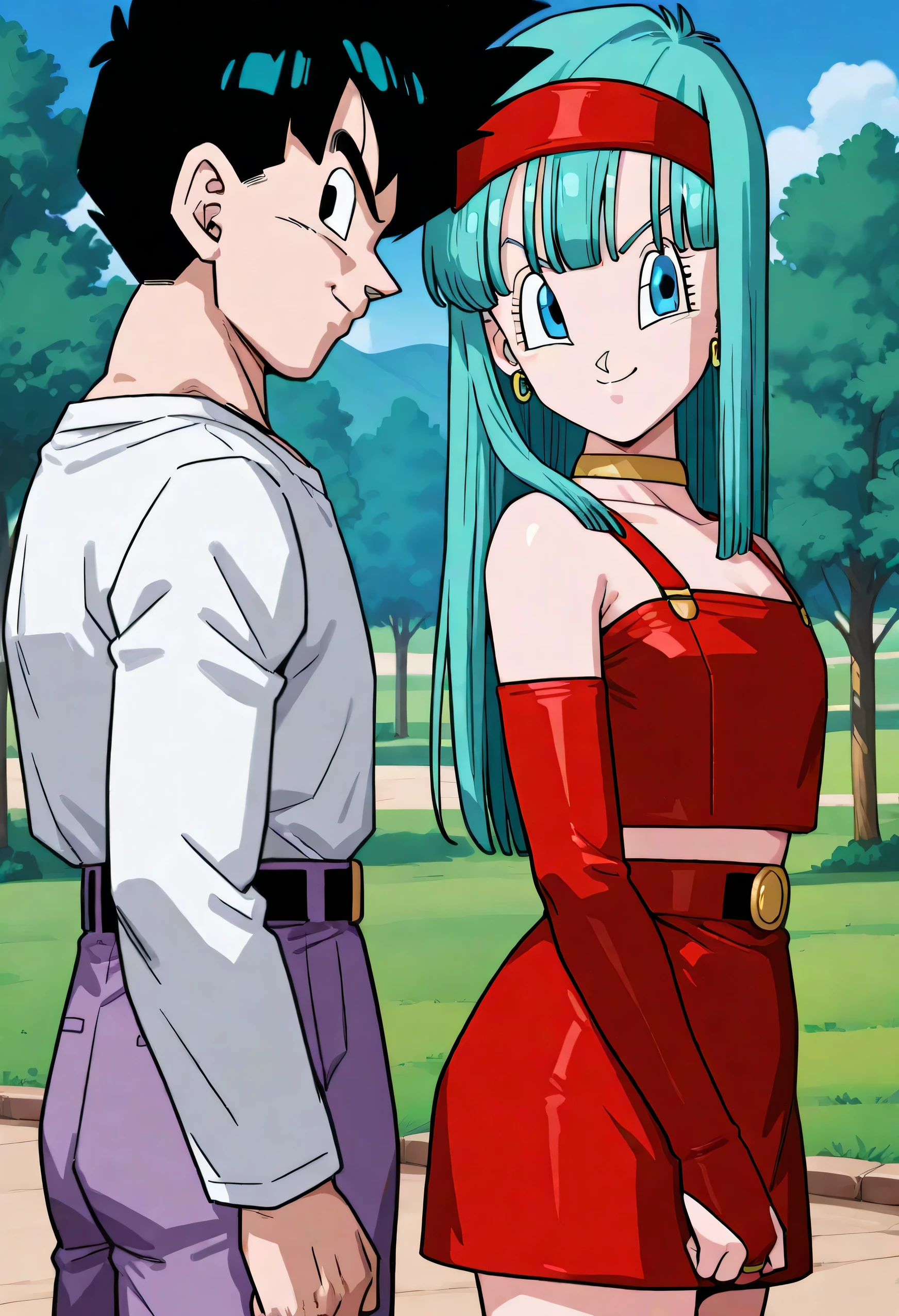 score_9, score_8_up, score_7_up, source_anime, official artstyle, anime screencap, highly detailed, hetero, two people, perfect composition, good shading, masterpiece, masterwork, best quality, absurdres, outdoors, park background, hyper-detailed, 8k uhd:1.2 BREAK 1boy, GTGoten, 1boy, spiked hair, tilted hair, black hair, white long sleeved shirt, lavender chino pants, standing up, smile, looking at viewer BREAK 1girl, bulla, aqua hair, long hair, blue eyes, hairband, choker, crop top, earrings, red bridal gauntlets, red elbow gloves, midriff, red skirt, red thigh boots, standing behind her is a boy,cowboy shot