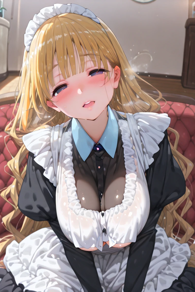 beautiful girl、perfect body、beautiful ample breasts、long blonde hair、((maid))、spread your legs wide、Looks embarrassed、((Lying、Show your、after sex、Covered in semen))