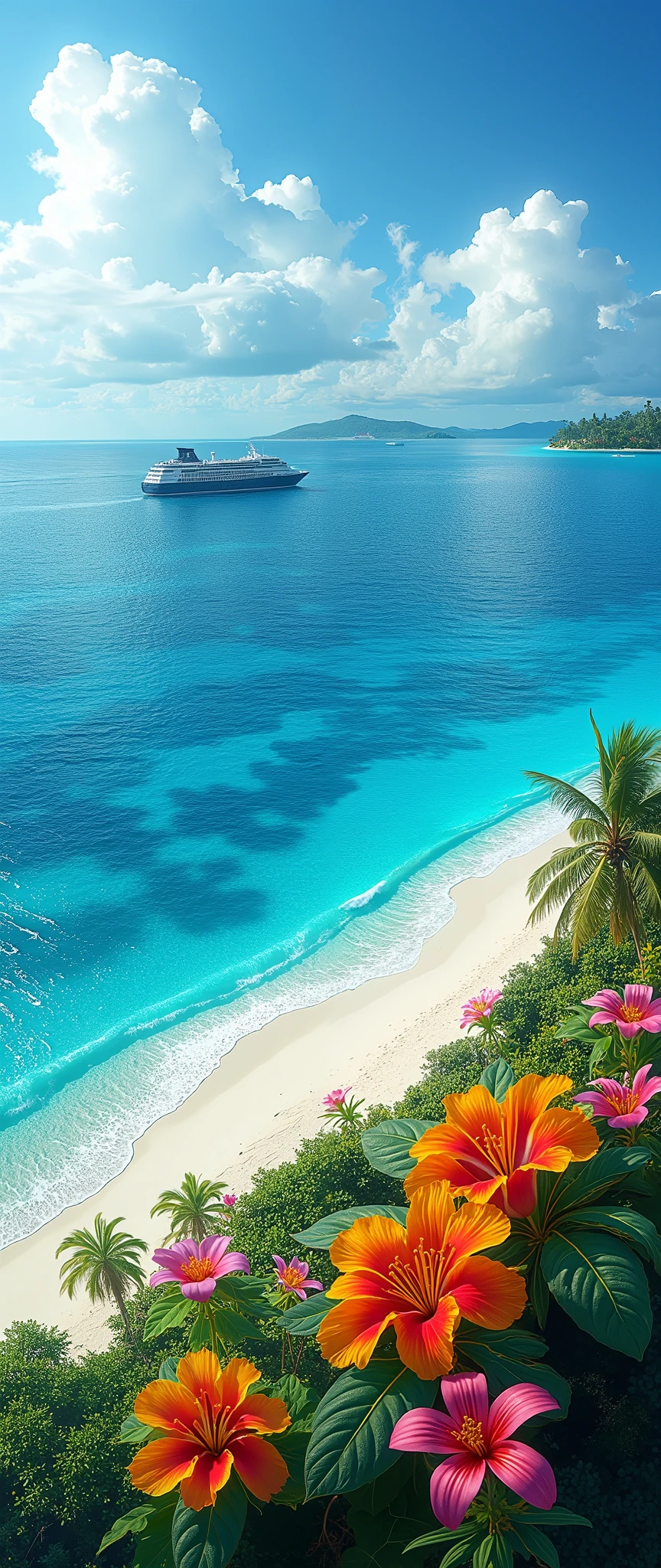 High Res Images( 8k Wallpaper) Aerial Views,A sea full of views、image of a wonderfully clear ocean、Colorful Flowers々、beautiful sandy beaches and a cruise ship on the southern islands、I was able to see the vast ocean,Beautiful Blue Skies and Deep Blue Seas、 magical,Contrast of Light,Tropical flowers,Attractive images,A small island in the distance 々visible background、The greatest masterpiece of ocean images。