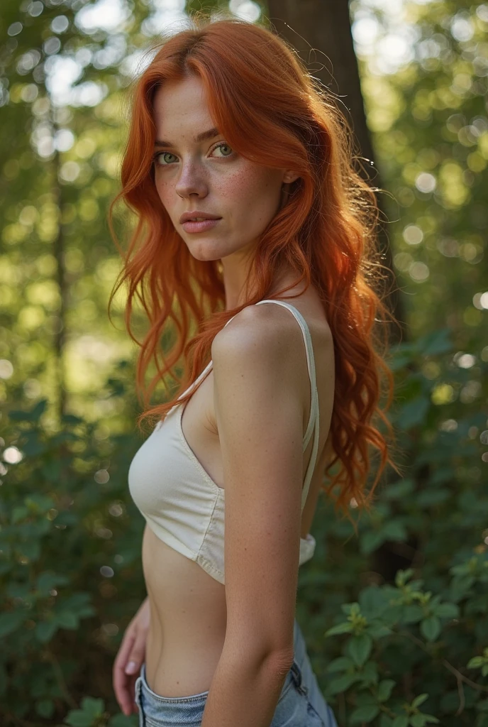 (8k, RAW photo, highest quality) depth of field, bokeh, 8K, HDR, cinematic rendering, a portrait of a 22-year-old redhead, framing from the navel, some small freckles, dressed in sheer white lingery, straps dropped, peeled off, leaning against a tree in the wilderness, goosebumps, cinematic, faded colors, dark shot, muted colors, grainy film, read, crazy details, intricate details, hyperdetailed, sunset, shyness, seduction, romance, looks at the camera lens lovingly, no visible hand