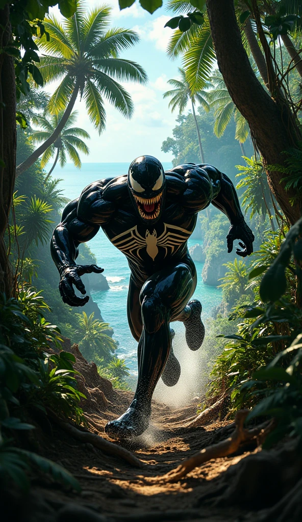Dark Fantasy Art of (Cinematic Film stock footage style) in (arri alexa style) (Kodak film print style), 
 <lora:Hyperrealism-000003:1>
a spider - man venom is sitting on a rock Hyperrealism Style, dark, moody, dark fantasy style