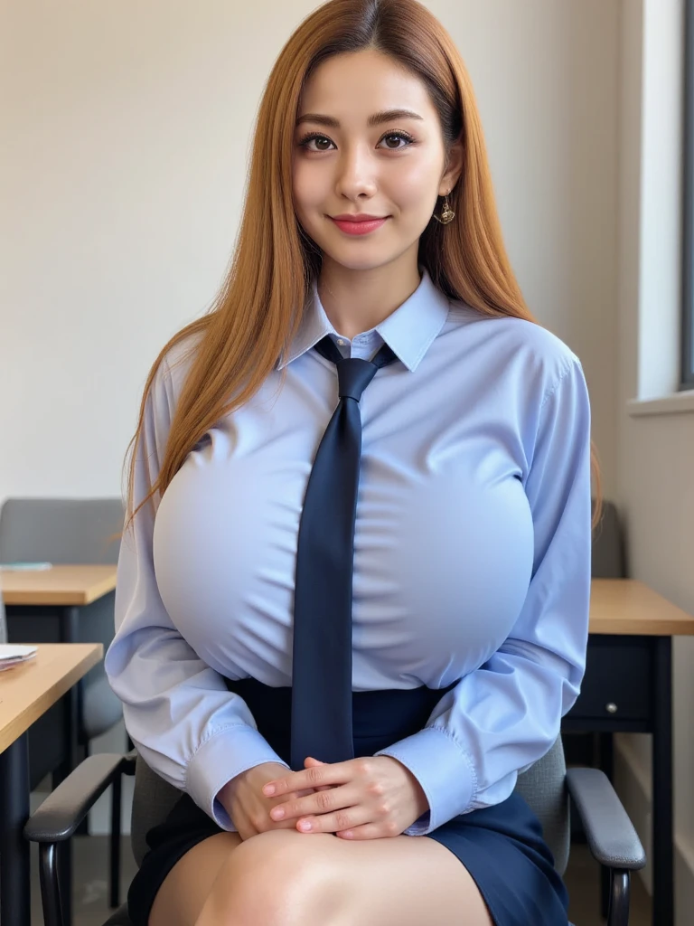 (Best quality,masterpiece,ultra detailed,8K,RAW photo,realistic,high resolution:1.2),(Pretty Japanese girl),(Super huge tits:1.4),(light brown hair),(school uniform,white collared shirt,pleated skirt:1.4),(voluptuous:1.4),(shoulder length),(light smile),(chubby:1.4)