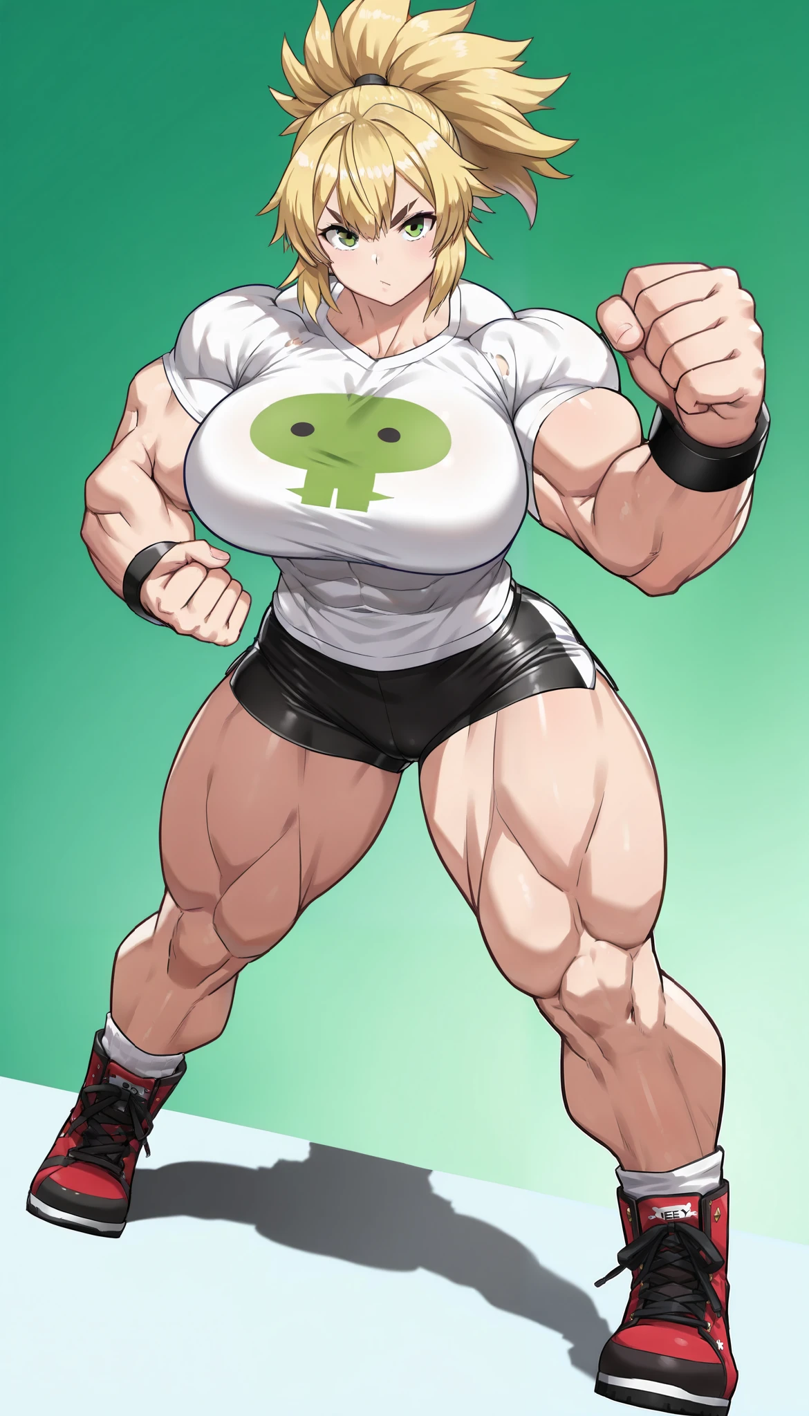 (1 girl muscular) green eyes large breasts pale skin skintight thick